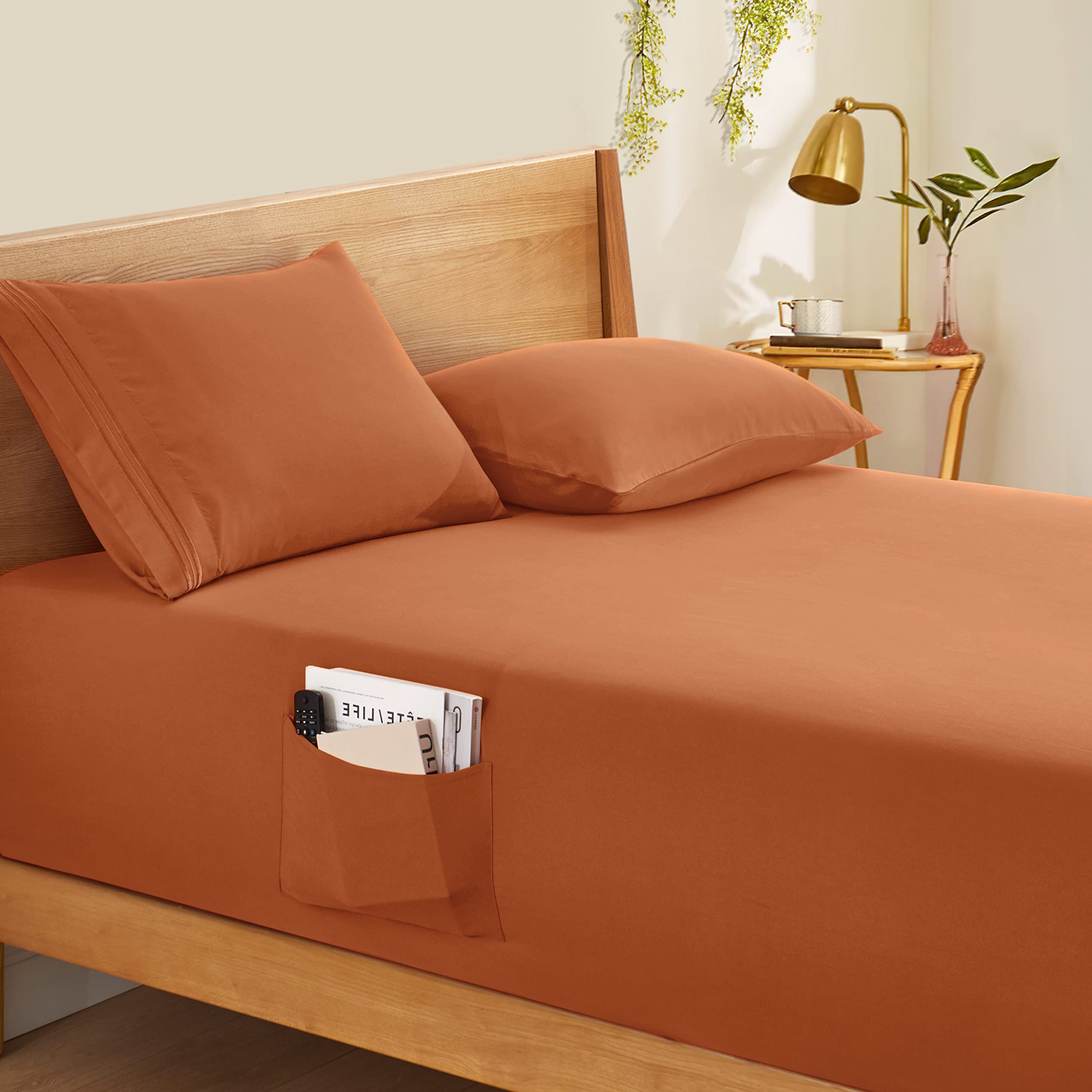 horbaunal extra deep pocket queen fitted sheet only - fits up to 24 inch mattress - luxury 1800 thread count - microfiber caramel pumpkin fitted bed sheet queen size