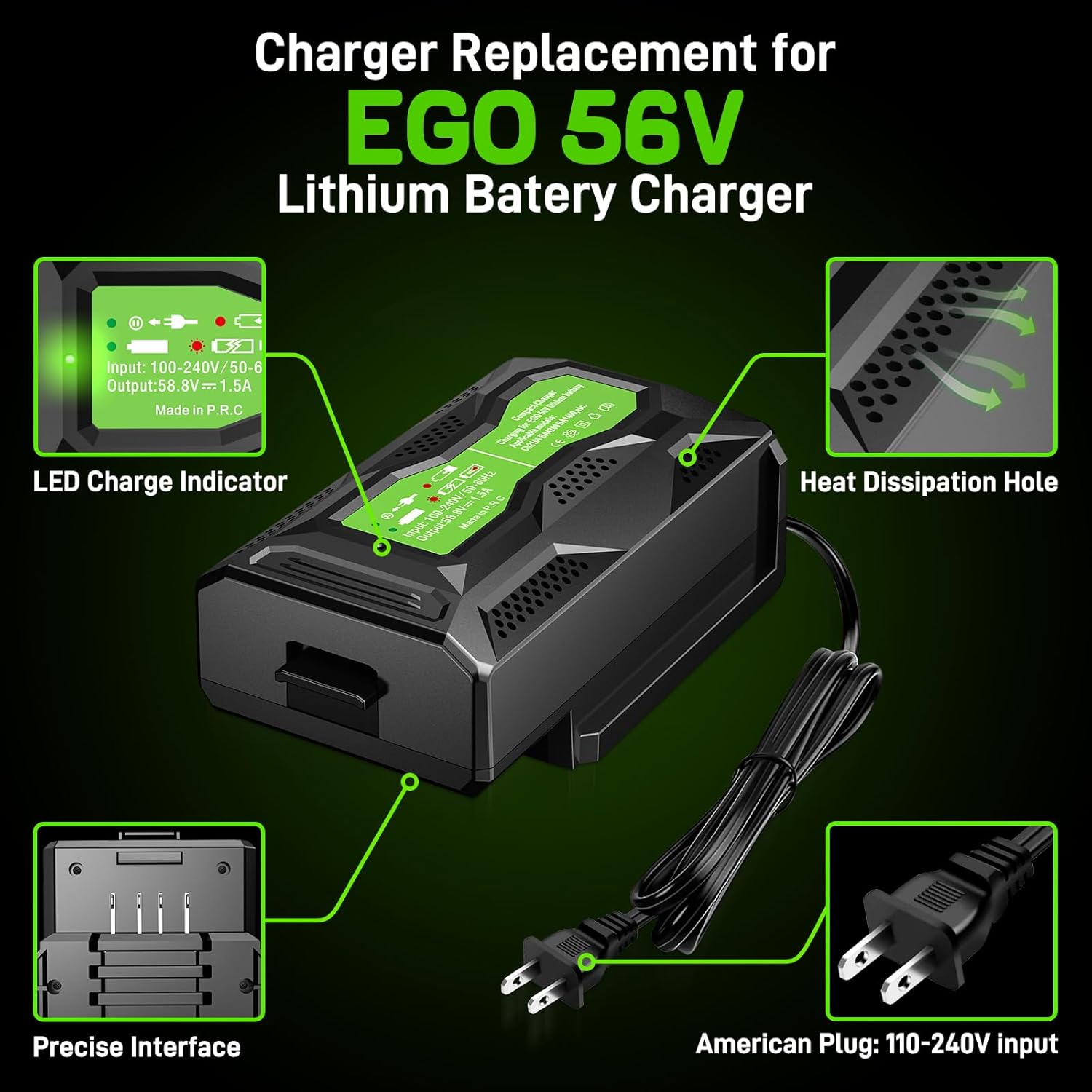 Rapid Charger Replace for EGO 56V Battery Charger CH2100 CH3200 CH5500 CH2800D, Compatible with EGO 56-Volt Lithium-ion Batttery BA2800 BA4200 BA1400 - Image 4