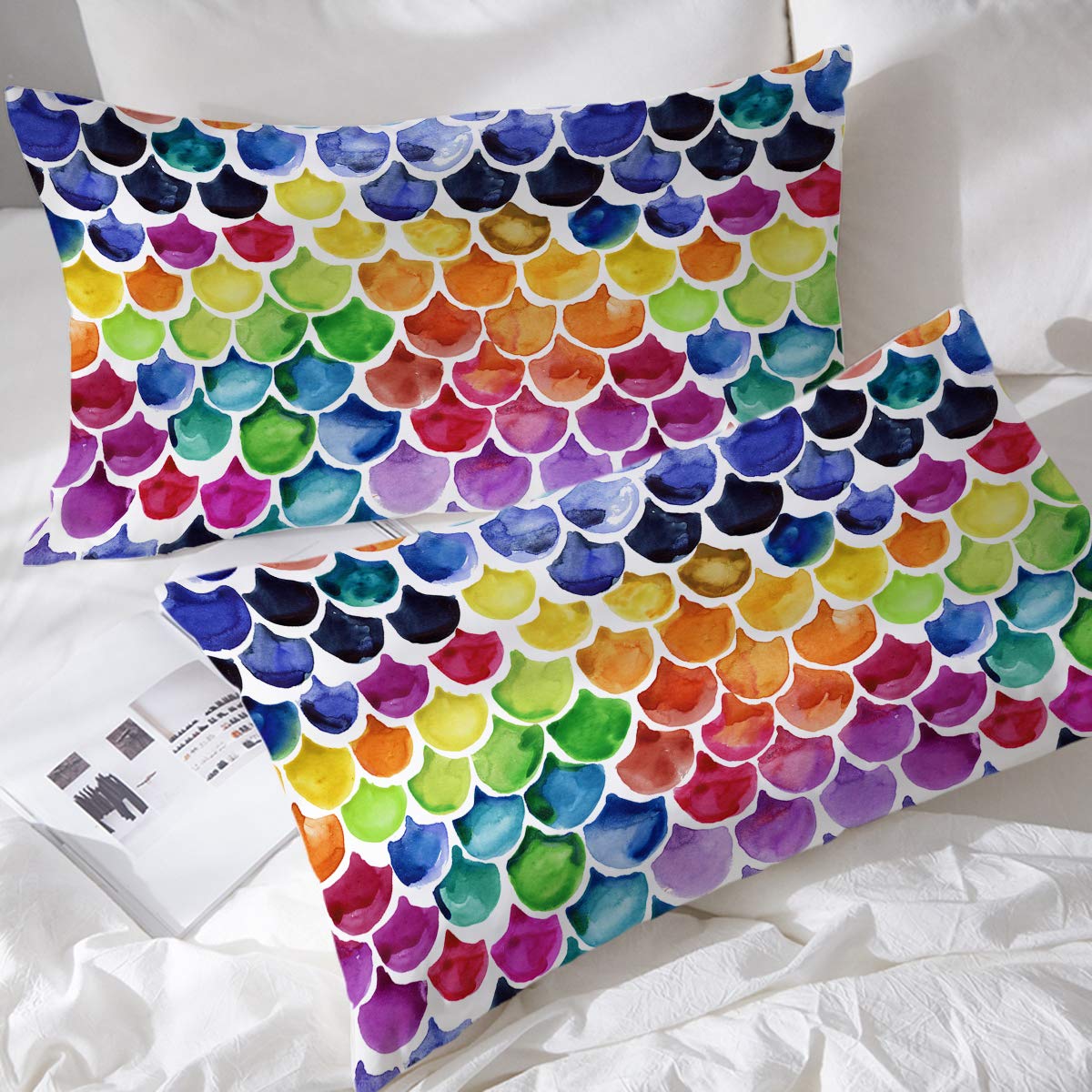 BlessLiving 3D Printed Mermaid Fish Scale Pillow Cases Set of 2 Art Throw Pillow Cases for Kids Teens Adults Girls Women Rainbow Home Decor, (Queen)