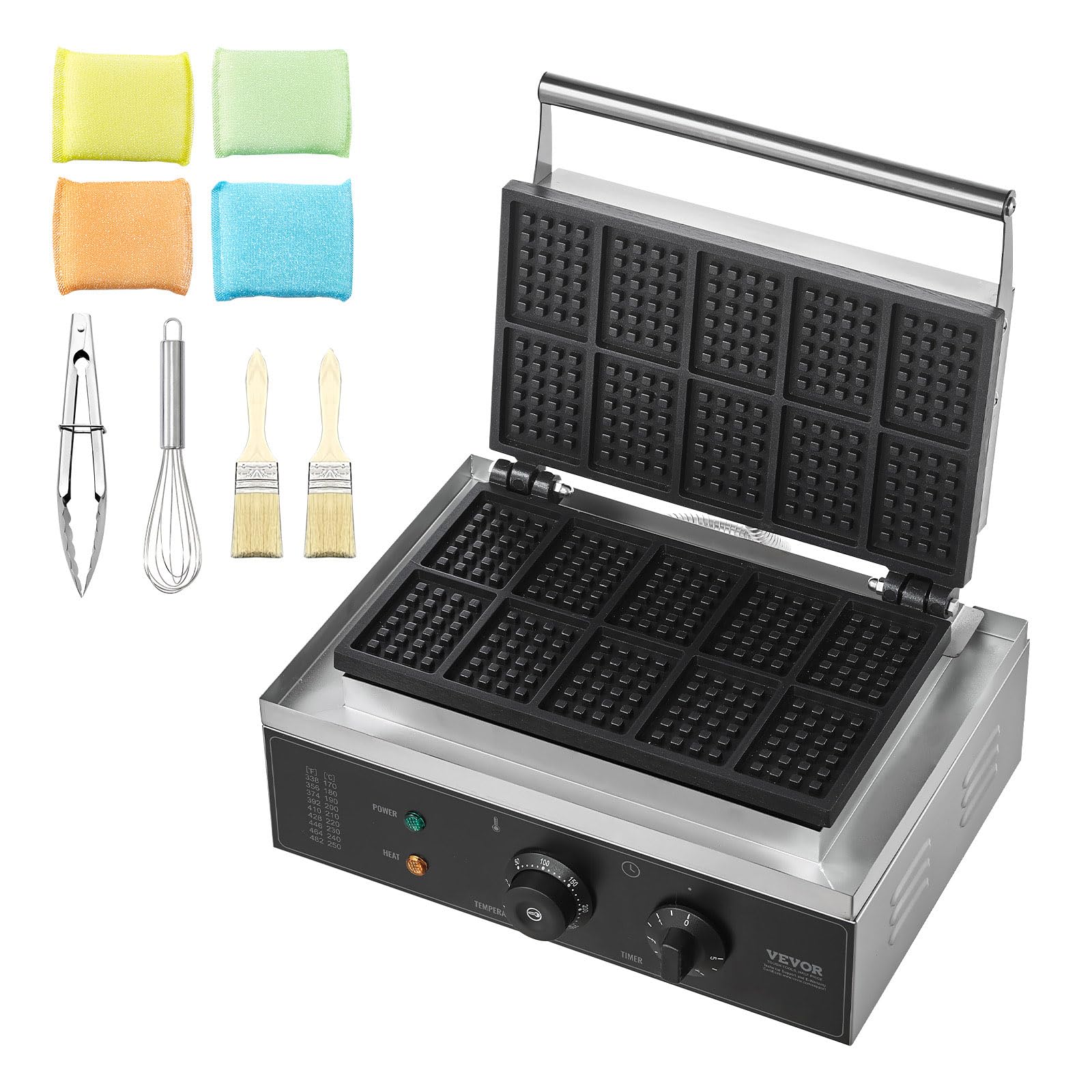 VEVOR Gaufrier Commercial 1550 W, Appareil à Gaufres Belges Rectangulaires, Capacité 10PCs, en Acier Inoxydable, Antiadhésif, avec Contrôle de la Température et du Temps, Boulangerie, Snack-bar