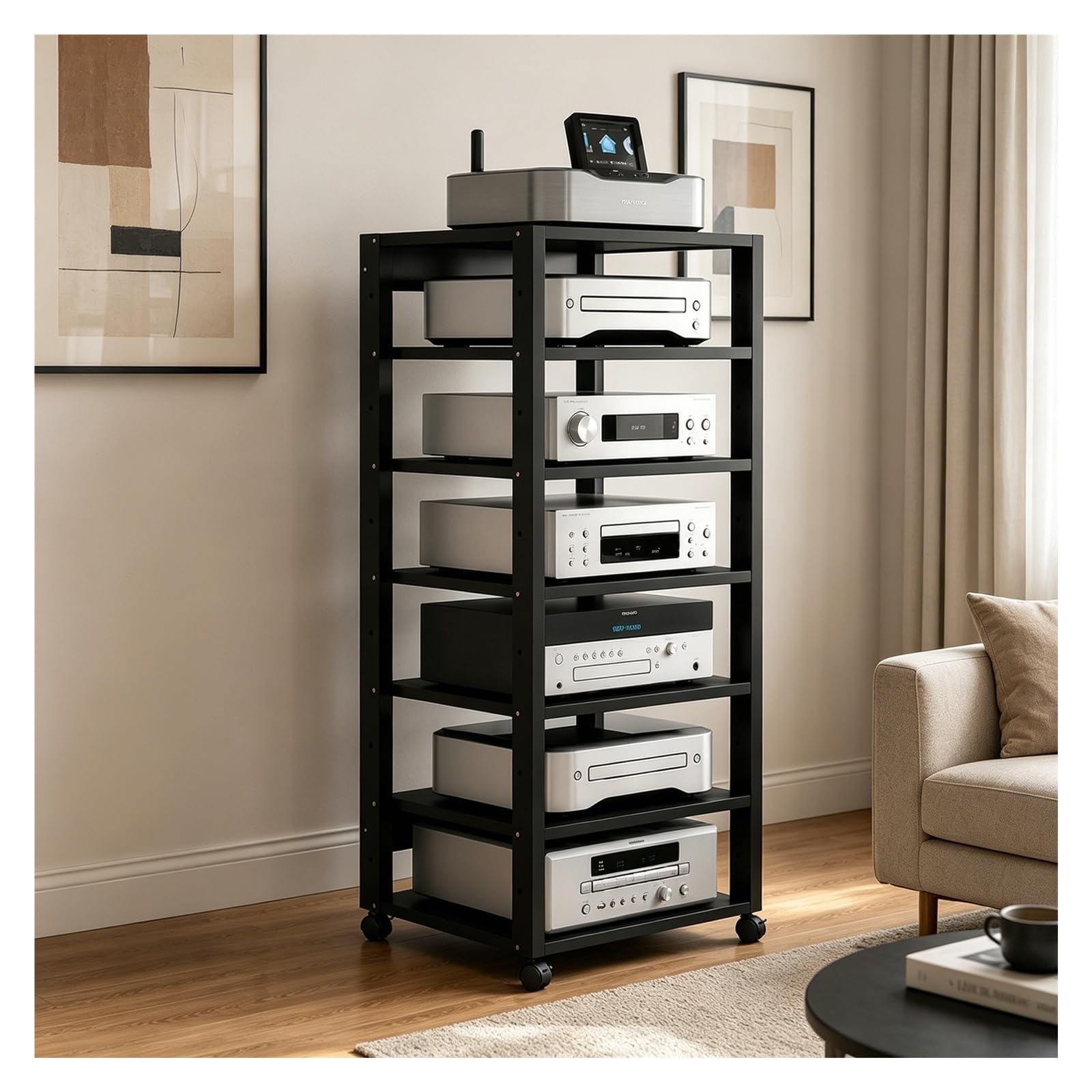 Support multimédia AV mobile en bois pour optimiser votre coin salon et platine vinyle