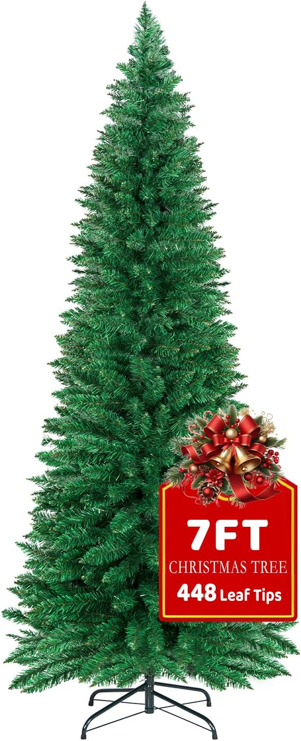 7FT Christmas Tree,Artificial Pencil Christmas Tree with 448 Branch Tips,Xmas Tree with Solid Metal Foldable Stand Perfect for Indoor&Outdoor,Christmas Decoration for Party by DNKMOR