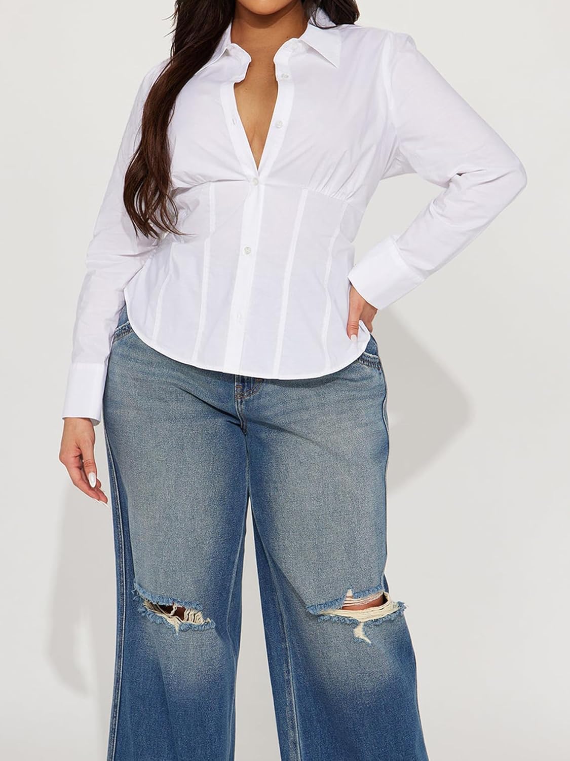 Women's Long Sleeve Button Down Shirt, Cinched Waist Blouse, Casual & Office Wear Tops - Image 6