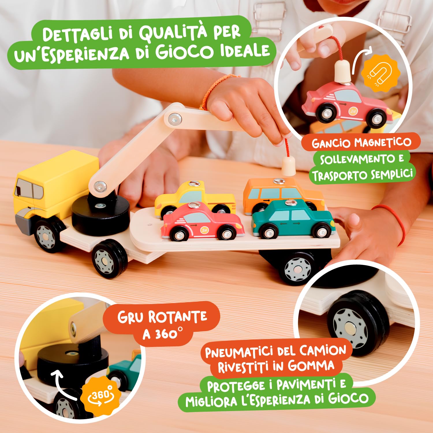 Nene Toys Camion Magnetico in Legno con 4 Auto e Rimorchio Staccabile – Giocattolo per Bambini 2+ Anni con Gru Interattiva – Gioco Educativo e Creativo – Macchinine e Veicoli Maschi Femmine 2 3 4 Anni