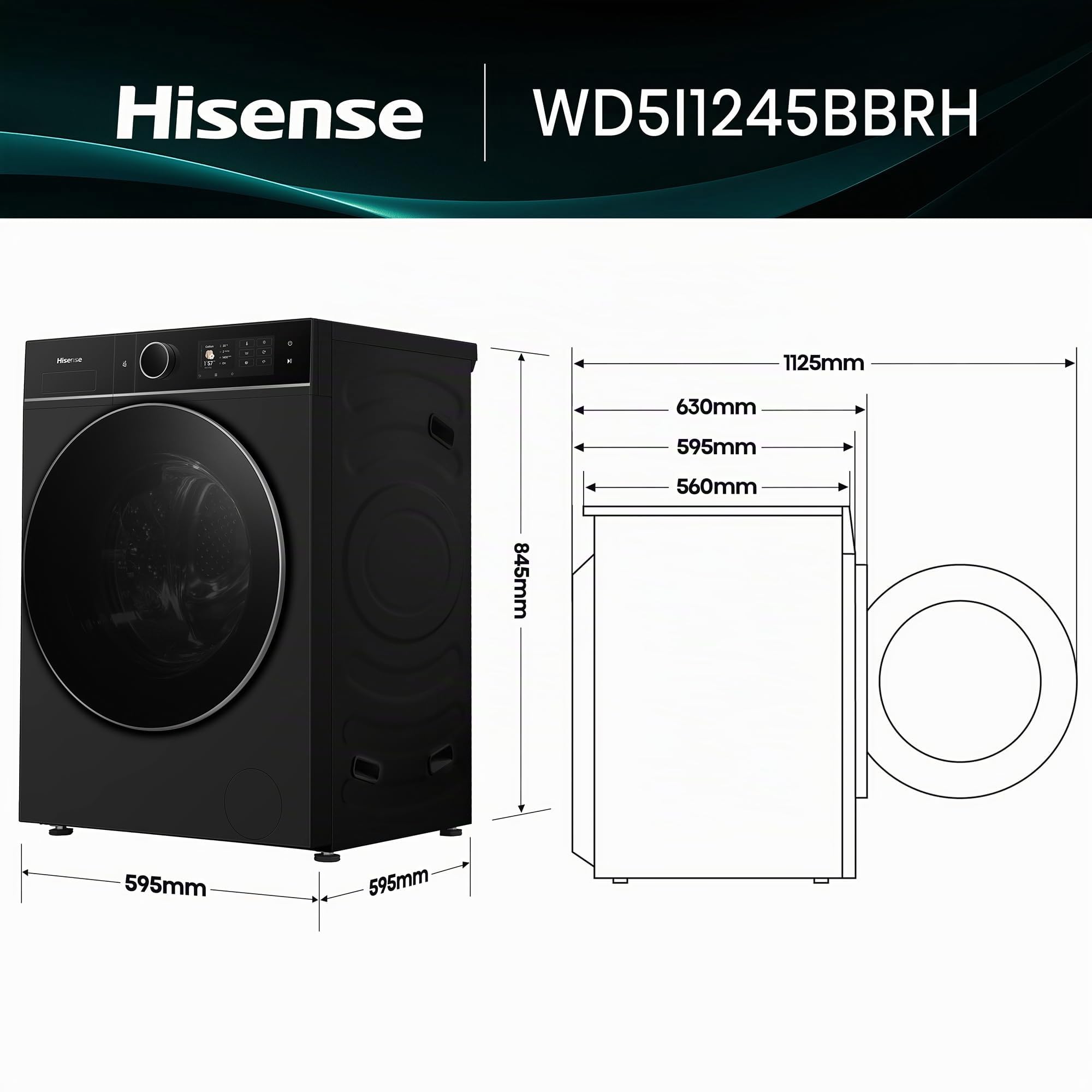 Hisense WD5I1245BBRH - Lavasecadora 12 kg/8 kg, Clase A, Fondo 60cm, 1400 rpm, Máxima Eficiencia AAAA, Bomba de Calor, Lavado y Secado Super, Filtro Optimizado, Lavado y Secado 49', iFit™, Negro