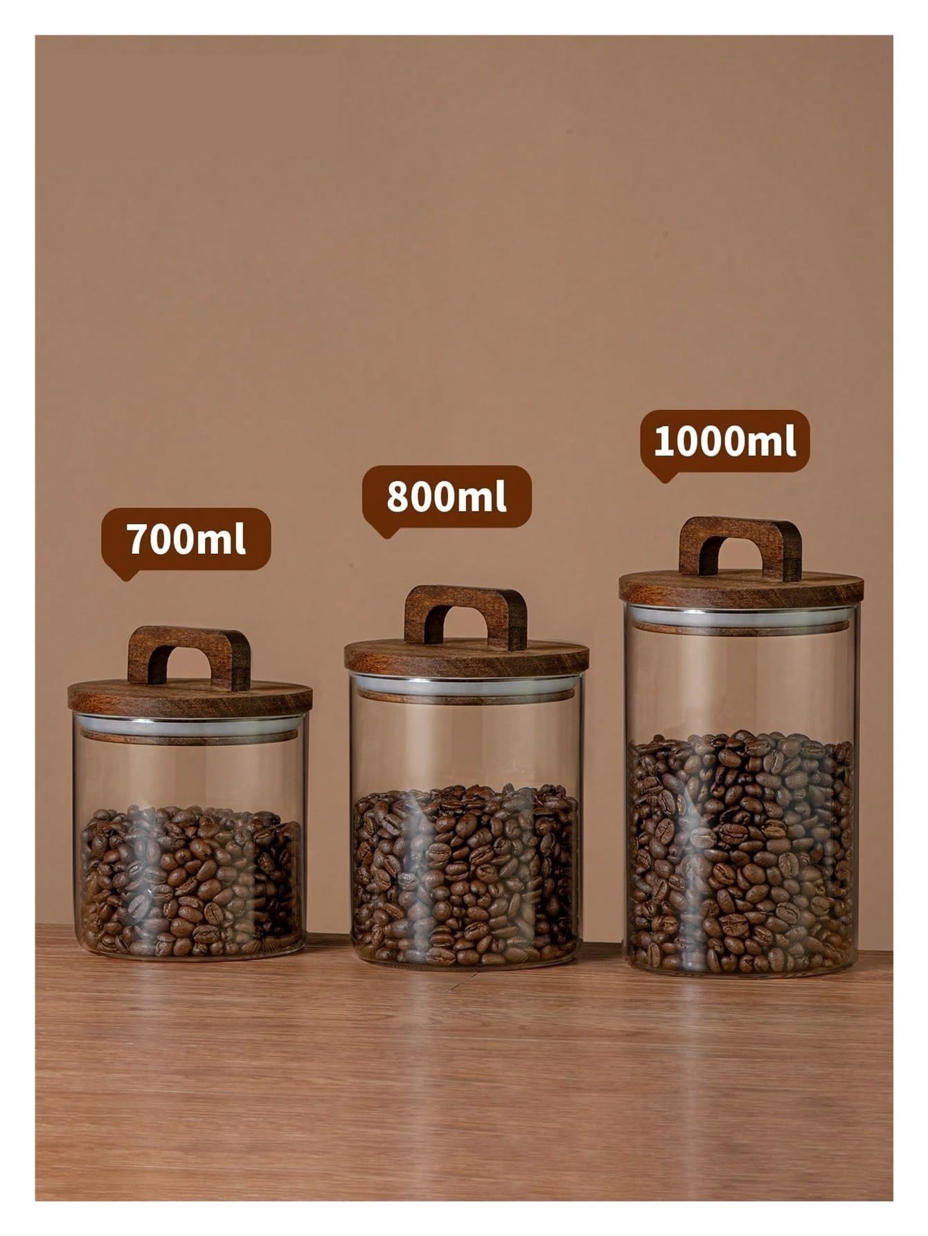 1pc Kaffeebohnen versiegeltes Glas mit Griff Holzdeckel Vorratsglas Kaffeebohnen Glasbehälter Kaffeekanister Kaffee Eckdekor für Kaffeebohnen, Zucker(800ml)