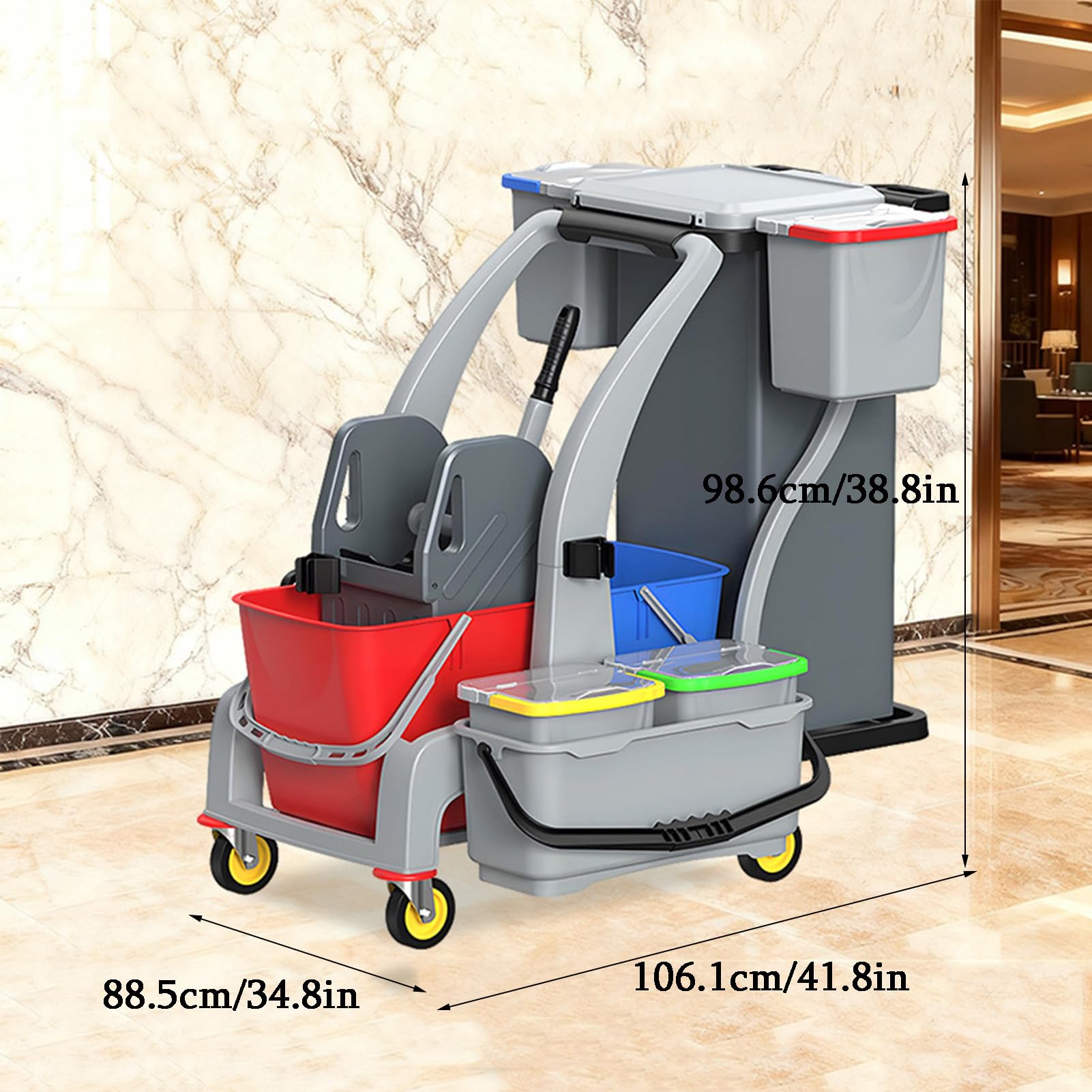 Carrito de limpieza con ruedas, carrito multifuncional con escurridor, plástico grueso, utilidad para restaurantes, centros comerciales y hospitales, 106,1 x 88,5 x 98,6 cm