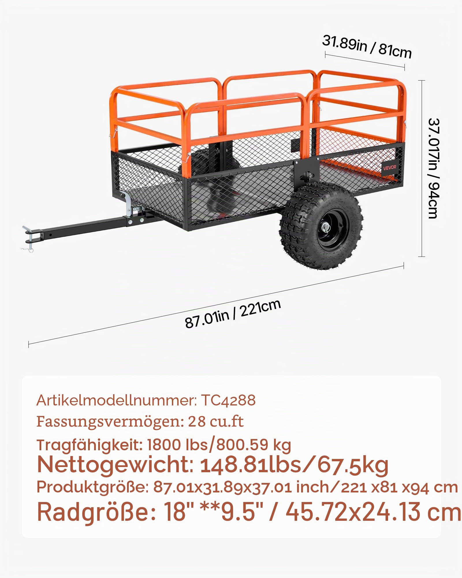 VEVOR Kippanhänger, 800,59 kg, ATV-UTV-Anhänger aus Stahl zum Hinterherziehen, Kipper mit Abnehmbarer Rückwand, Gartenanhänger zum Hinterherziehen für Rasenmäher, Traktoren und Gartenabfälle