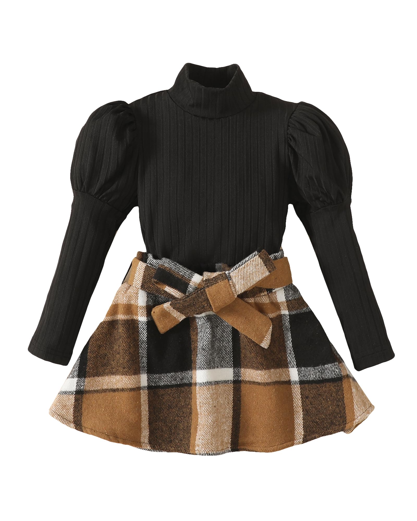 Kucnuzki Toddler Baby Girl Fall Winter Clothes Long Sleeve Ribbed Shirt Top Corduroy Mini Skirt Plaid A-line Dress Outfit
