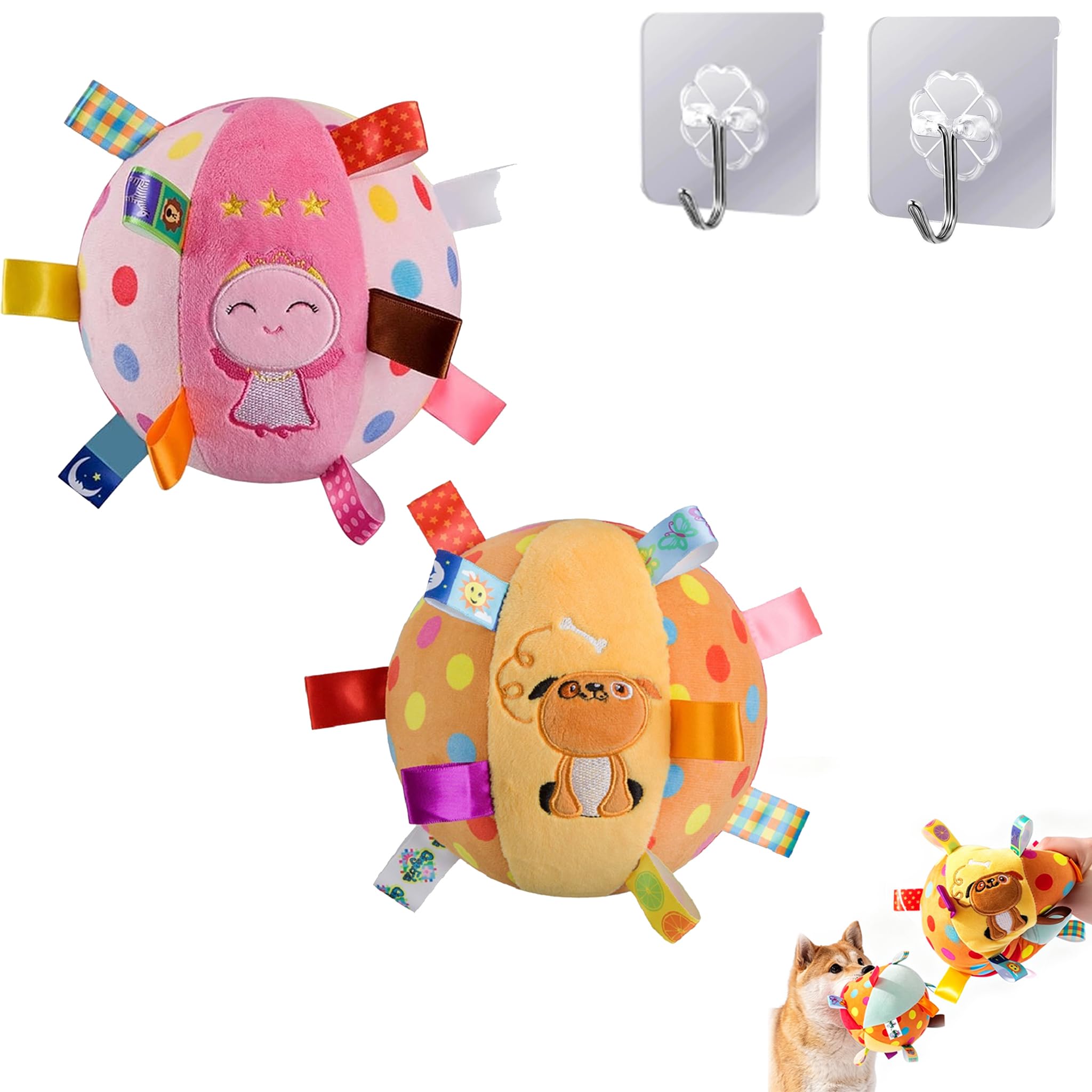 Colorful Squeaky Hanging Dog Training Toy, 6-Inch Soft Stuffed Ball with Cotton Material & Built-in Bell, Interactive Elasticity Chew Toy with Straps for Small to Large Dog (2PCS/J)