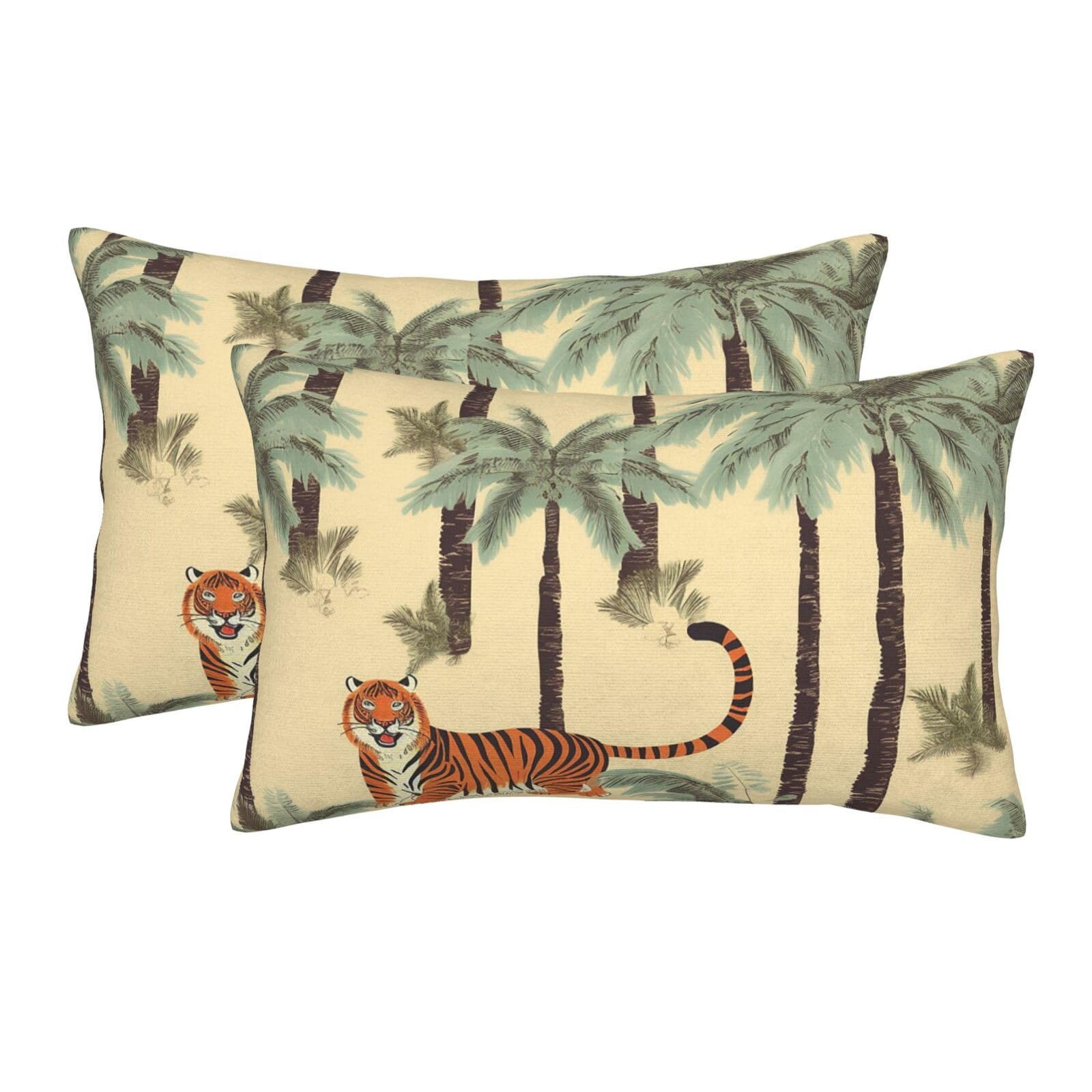 2 Pack Standard Size Pillow Cases for Hair and Skin Soft Breathable Pillow Case Covers with Hidden Zipper Palm Trees and Tigers Pillowcase 16"x24" Pillow Cover for Sleeping Gift