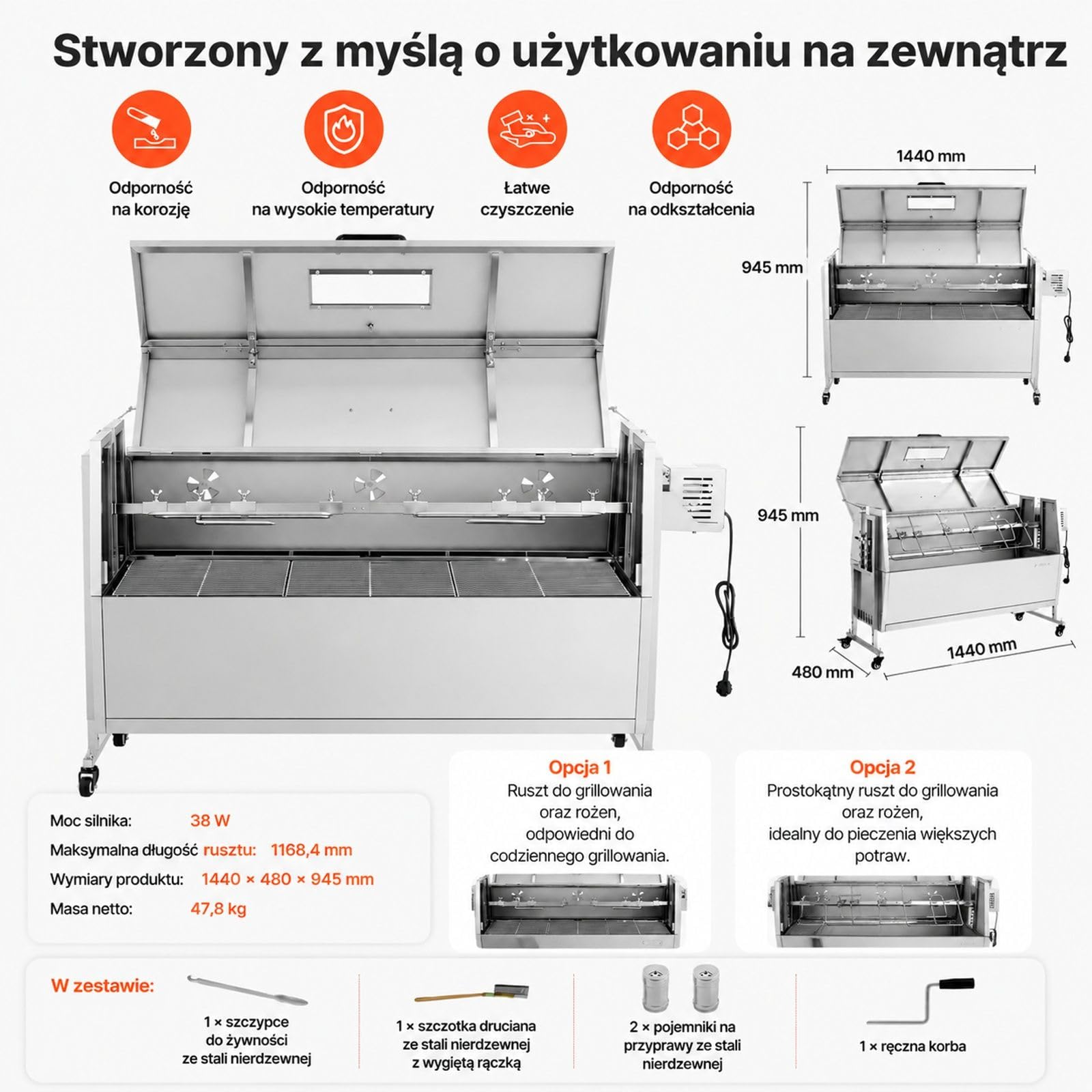 Grill rożenowy na węgiel z kółkami, pokrywą, rożnem ze stali nierdzewnej i regulacją wysokości do jagnięciny oraz prosiąt na zewnątrz