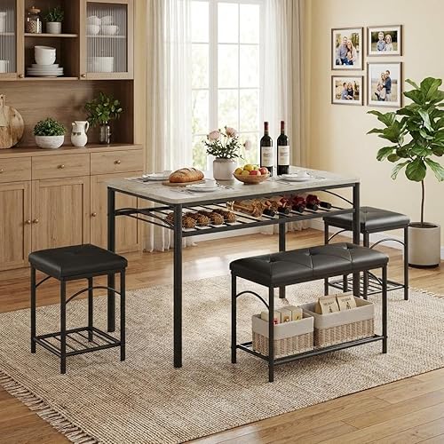Miniatura 4 de GarveeHome Juego de mesa de comedor para 4 personas con bancos tapizados y 2 taburetes, moderna mesa de desayuno de cocina que ahorra espacio, ideal
