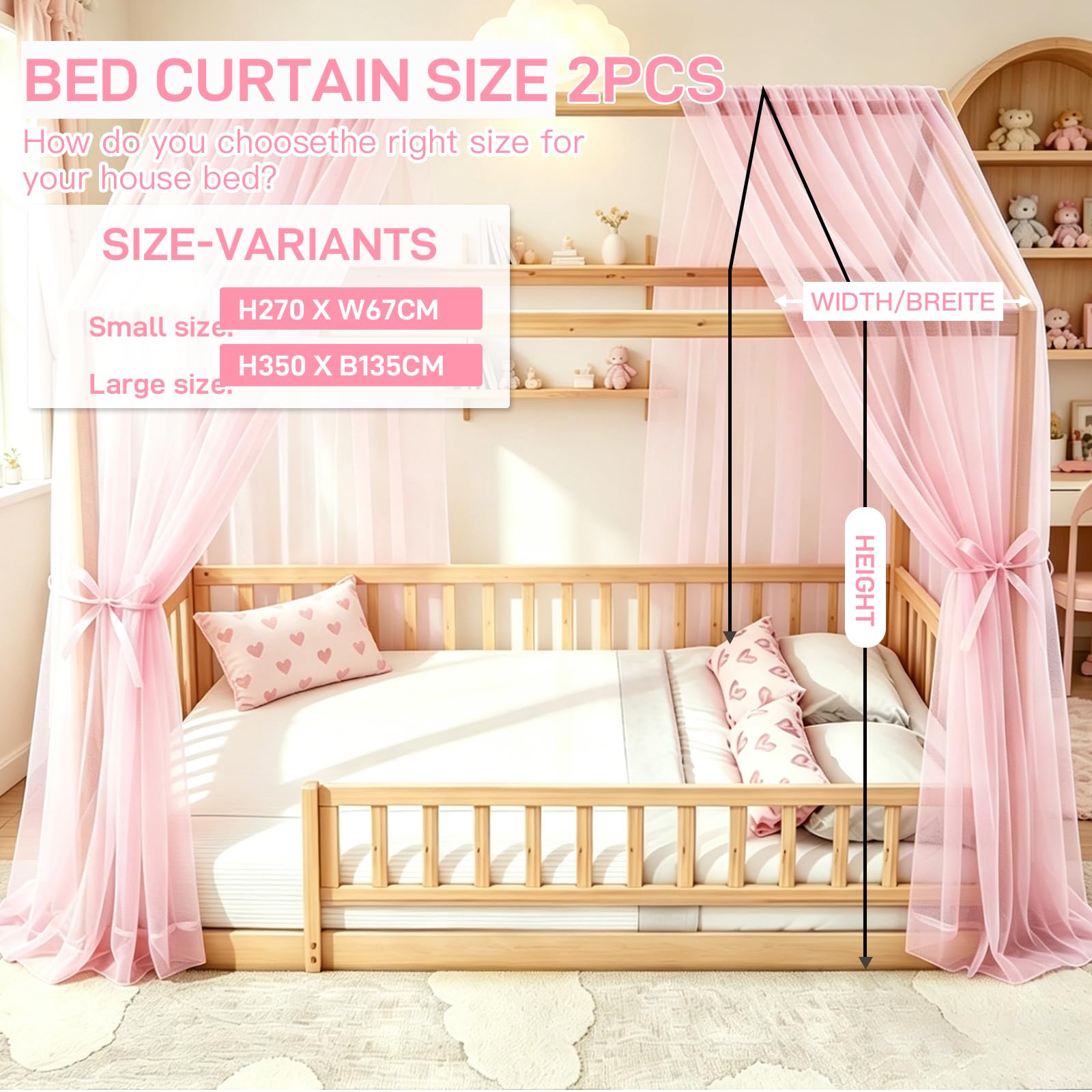 Generisch Hausbett Himmel Set, 2 Stück Betthimmel Hausbett für Hausbettdeko, Bett Vorhang für Mädchen Jungen Kinderbett Kinderzimmer Deko, 150cm*350cm (Rosa)