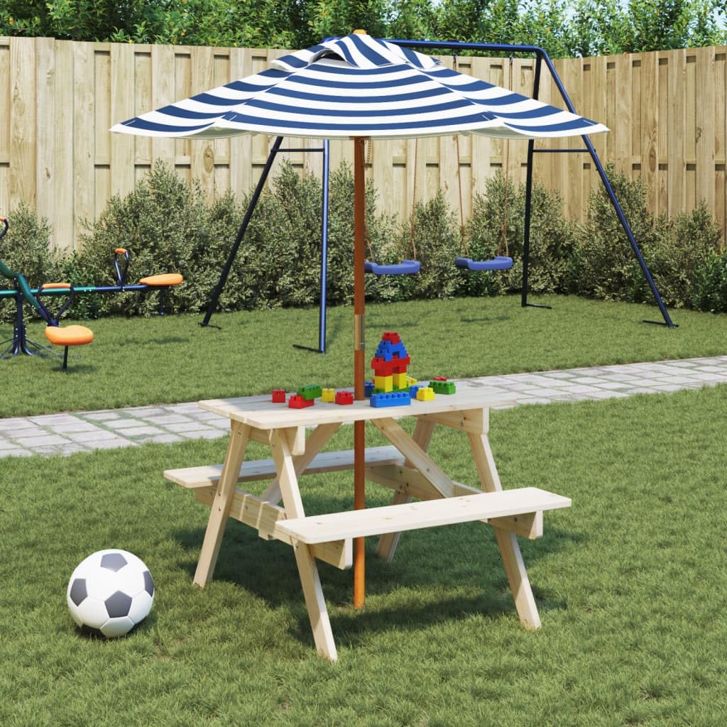 Tavolo da picnic per 4 bambini con ombrellone in legno di abete massiccio, tavolo da giardino per terrazza, balcone, giardino, stabile tavolo da esterno con piano e struttura, ideale per