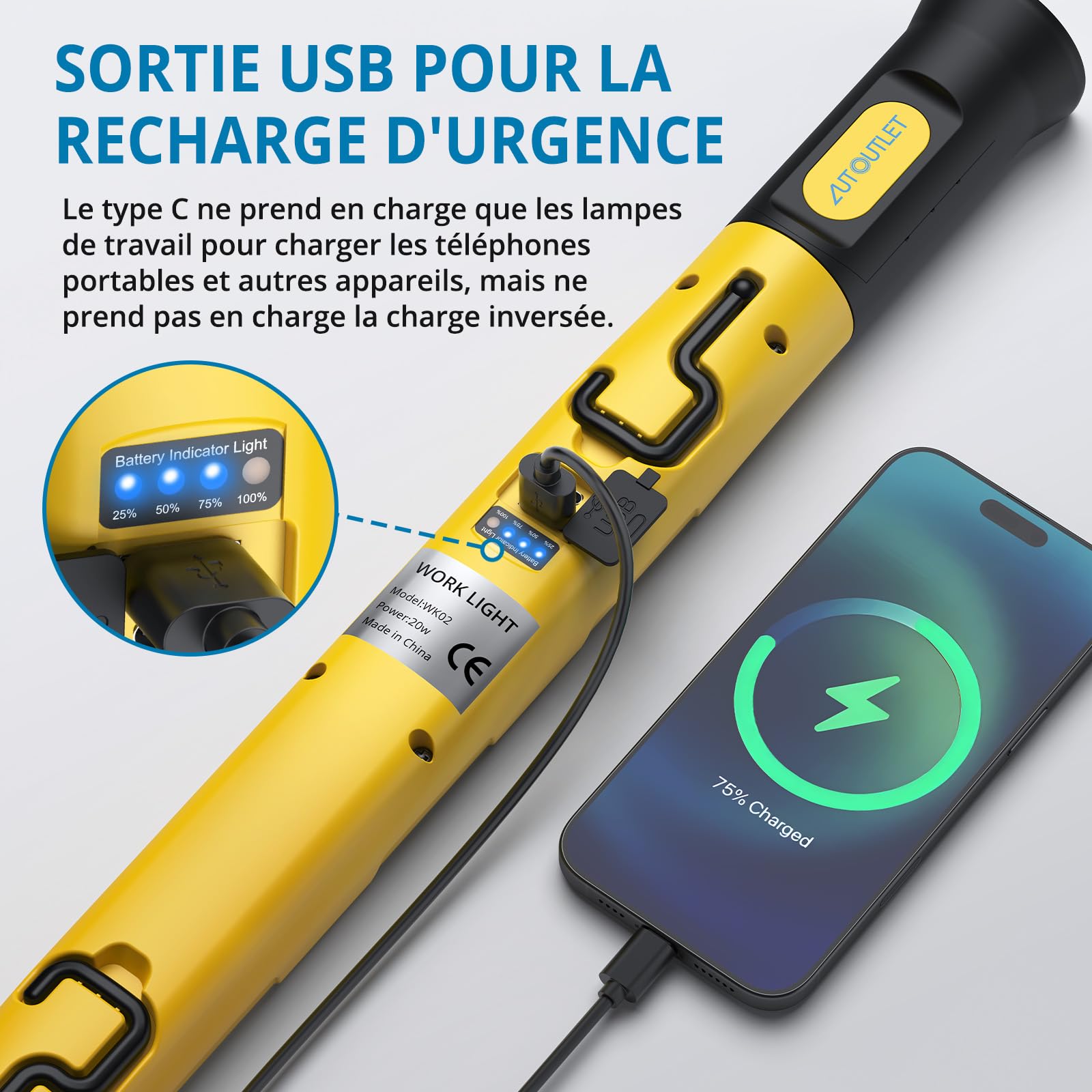 AUTOUTLET Lampe de travail LED rechargeable 6000 mAh véritable 3000 lm lampe d'atelier avec aimant crochet 360° 3 modes rotation 180° pour camping, garage, atelier