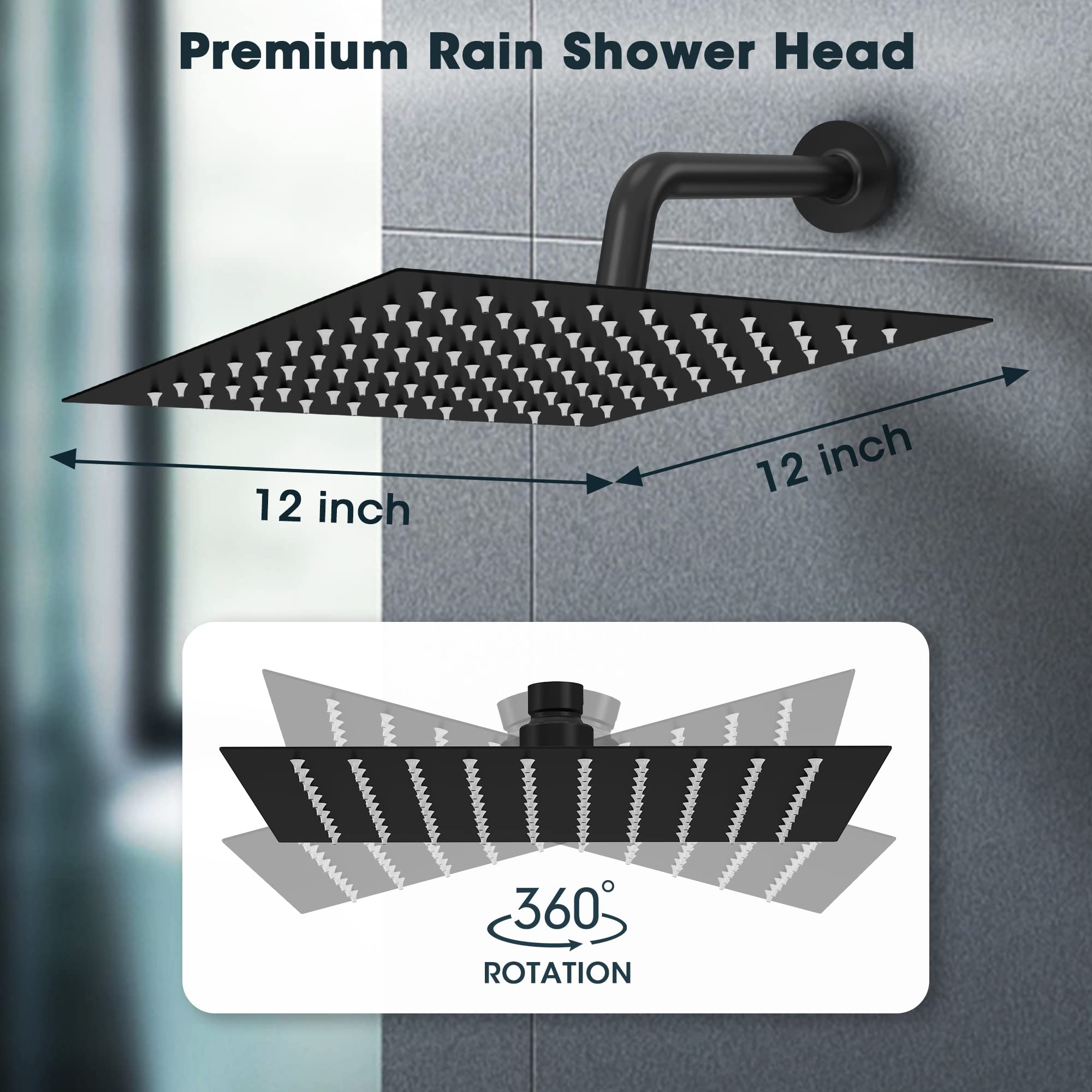 Snapklik.com : Rain Shower Head - 12 Inch High Flow Black Rainfall ...