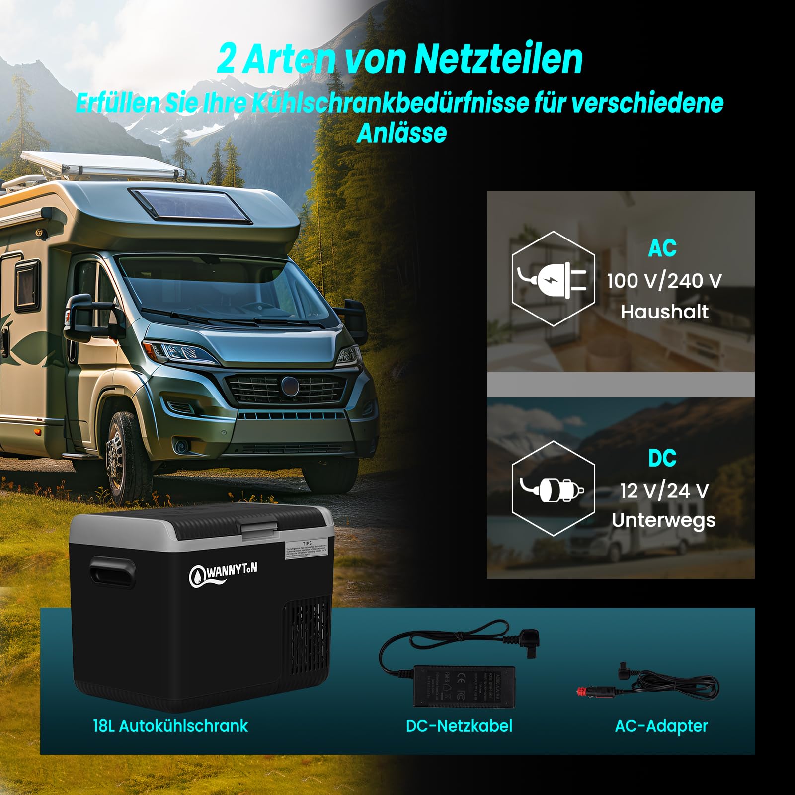 WANNYTON Kompressor Kühlbox 18 Liter, elektrisch 100-240V AC/12V DC, für Auto und Heimgebrauch