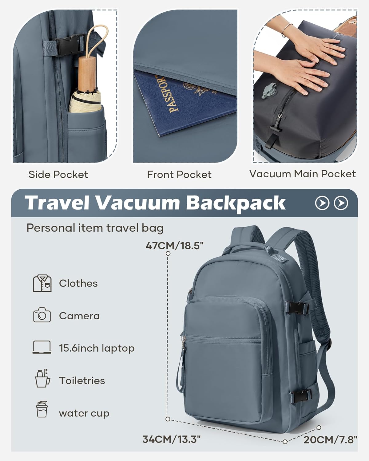 Vacuum Backpack With Pump,Travel Laptop Backpacks For Women Men,Vacpack Backpacks With Vacuum Compression Bags Seal Packing,Carry On Backpack, Personal Item Travel Bag Sapphire Blue - Image 2