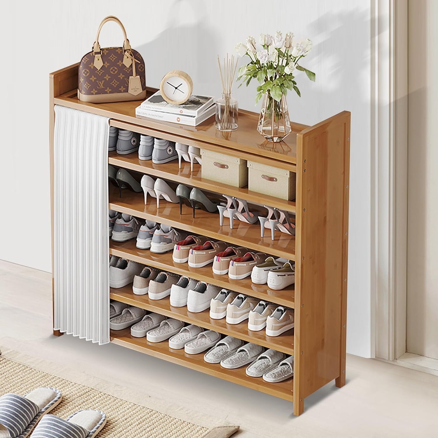 Rangement chaussures mince en bambou avec bac supérieur