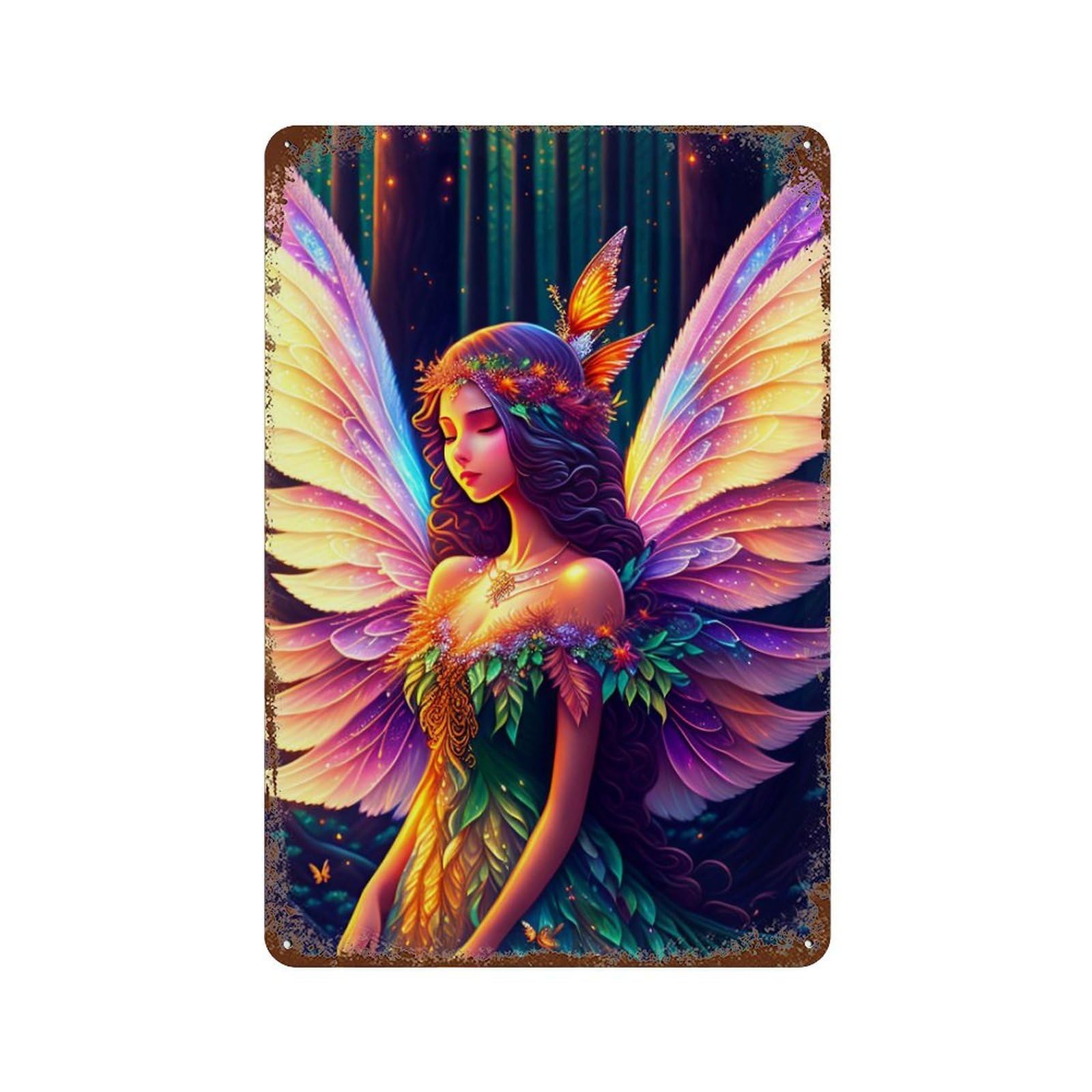 Enchanted Forest Fairy Wings Distressed Metal Wall Sign 11.8"x7.9", Rustic Home Decor for Living Room, Hallway And Home Decor