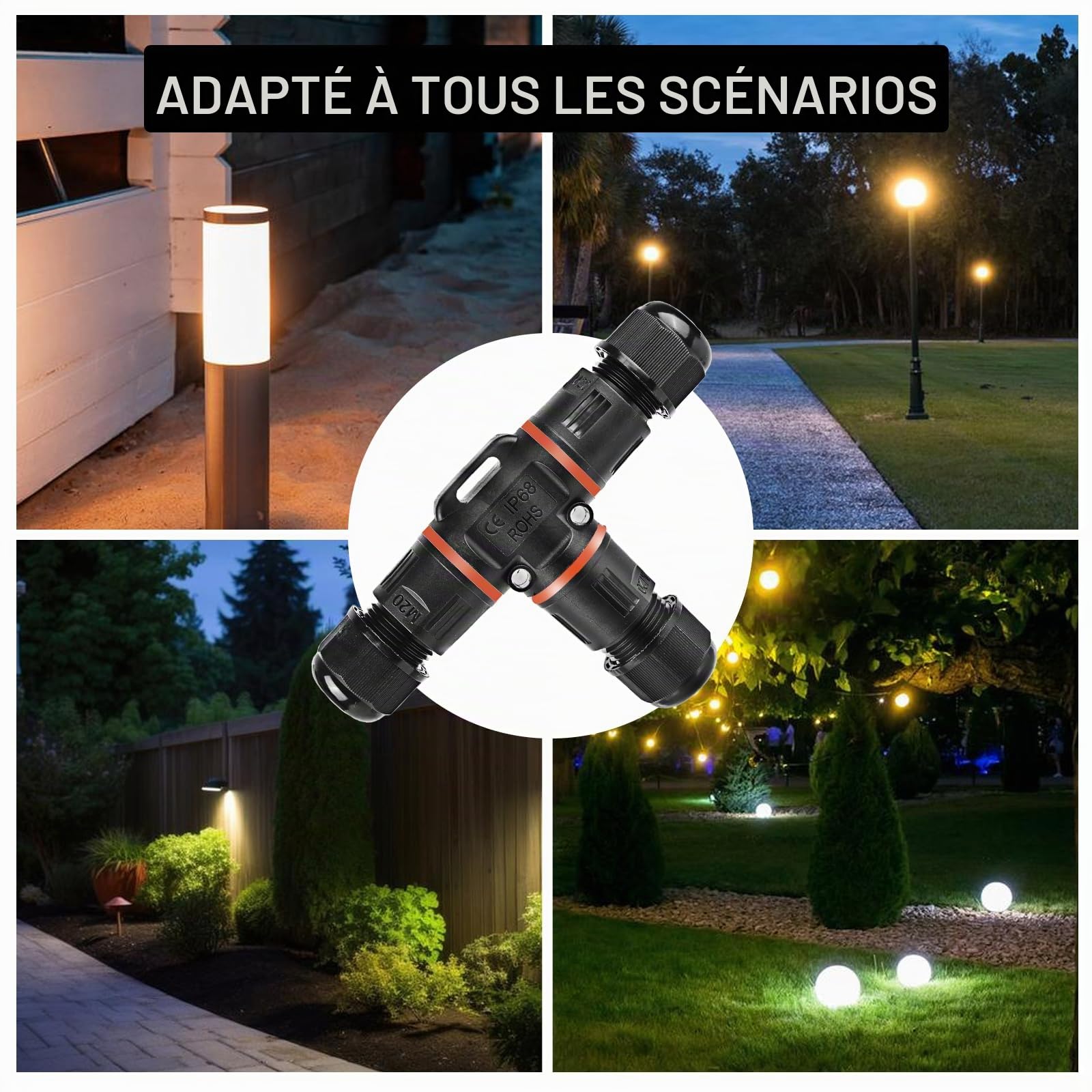 Connecteur de câble à 3 broches, IP68, boîte de jonction pour câble de terre de 3 à 12 mm de diamètre, boîte de jonction extérieure étanche, noir
