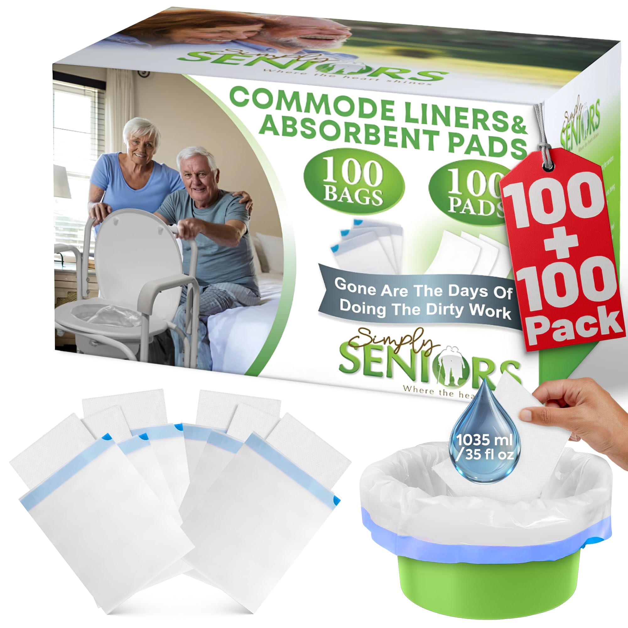 Commode Liners with Absorbent Pads - 100 Bedside Commode Liners & Pads - Portable Toilet Bags for Porta Potty & Camping - No More Days Washing The