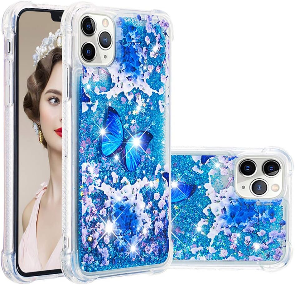 MEIKONST Case for iPhone 11 Pro Max, Blue Butterfly Liquid Glitter
