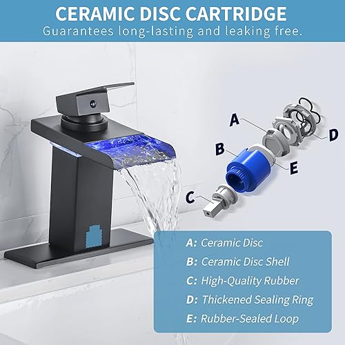 Miniatura 4 de Grifo LED para lavabo de baño, grifo de cascada de un solo agujero negro mate o centro de 4 pulgadas con boquilla de acero inoxidable y luces LED