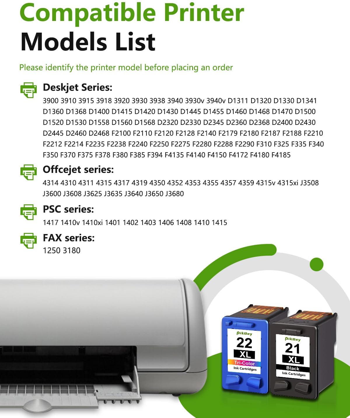 21XL 22XL Ink Cartridges Replacement for HP 21 22 Ink for Deskjet F335 F380 F4180 F2210 D1420 D1520 D1530 D1560 PSC1410 Officejet 4315 J3680 Printer (2-Pack 1Black/1Tri-Color)