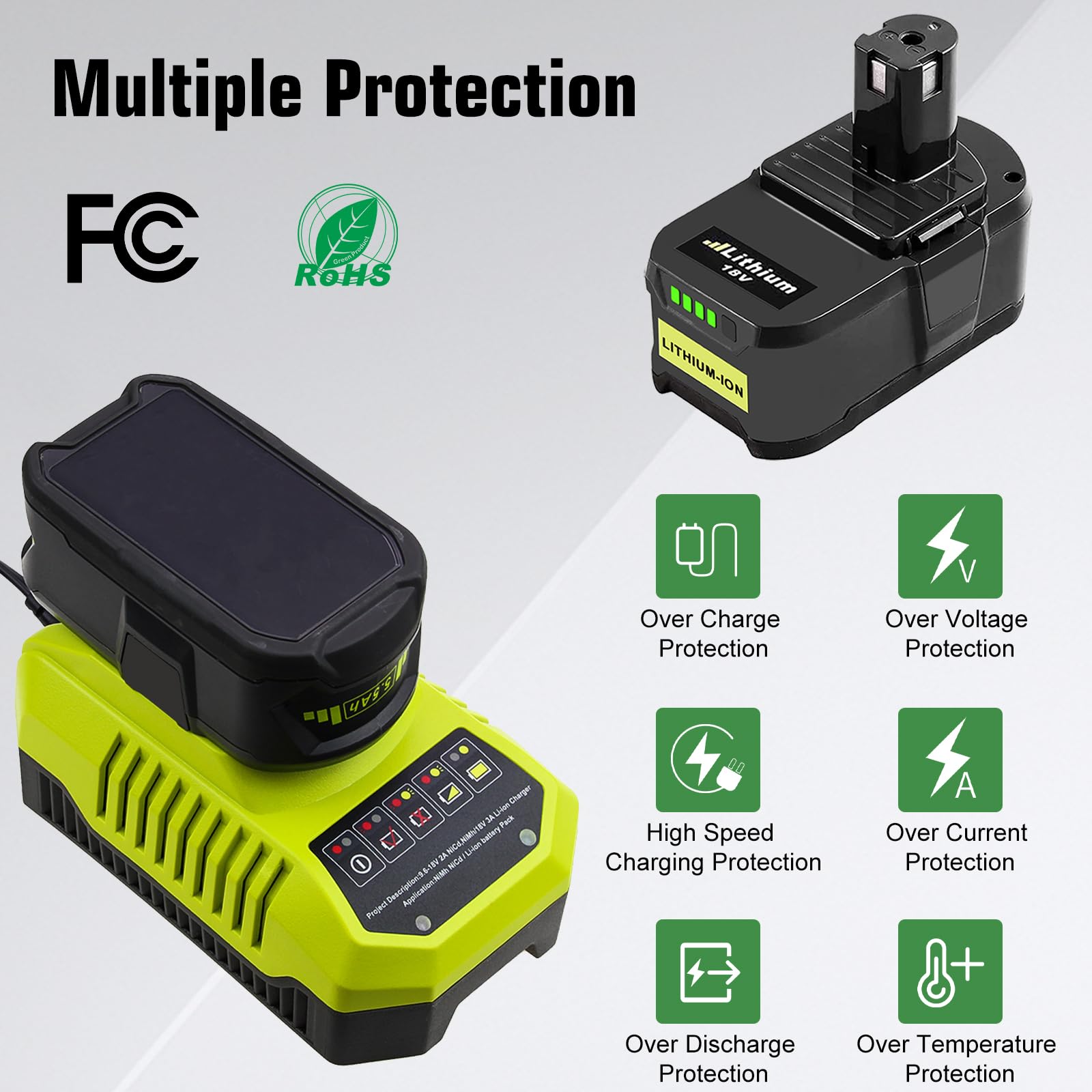 Batería de repuesto 18 V 5,5 Ah y cargador BCL14181H 9,6 V-18 V compatible con Ryobi 18 V. Repuesto para Ryobi P108 P189 P190