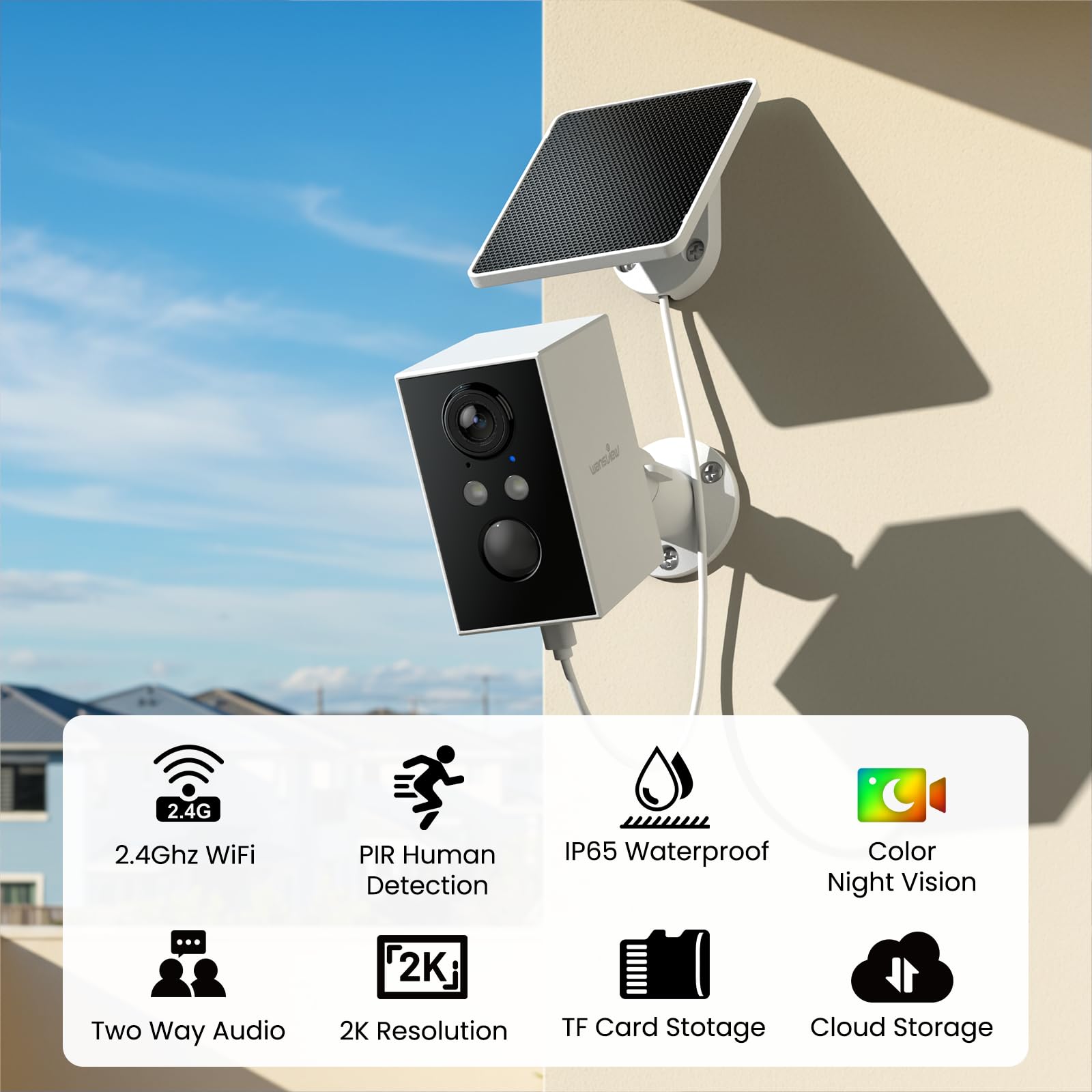 wansview Camara Vigilancia WiFi Exterior Solar - 2K Camaras Vigilancia Domicilio WiFi 2.4G hz Seguridad sin Cable con Batería, PIR Sirena, Visión Nocturna Color, IP65