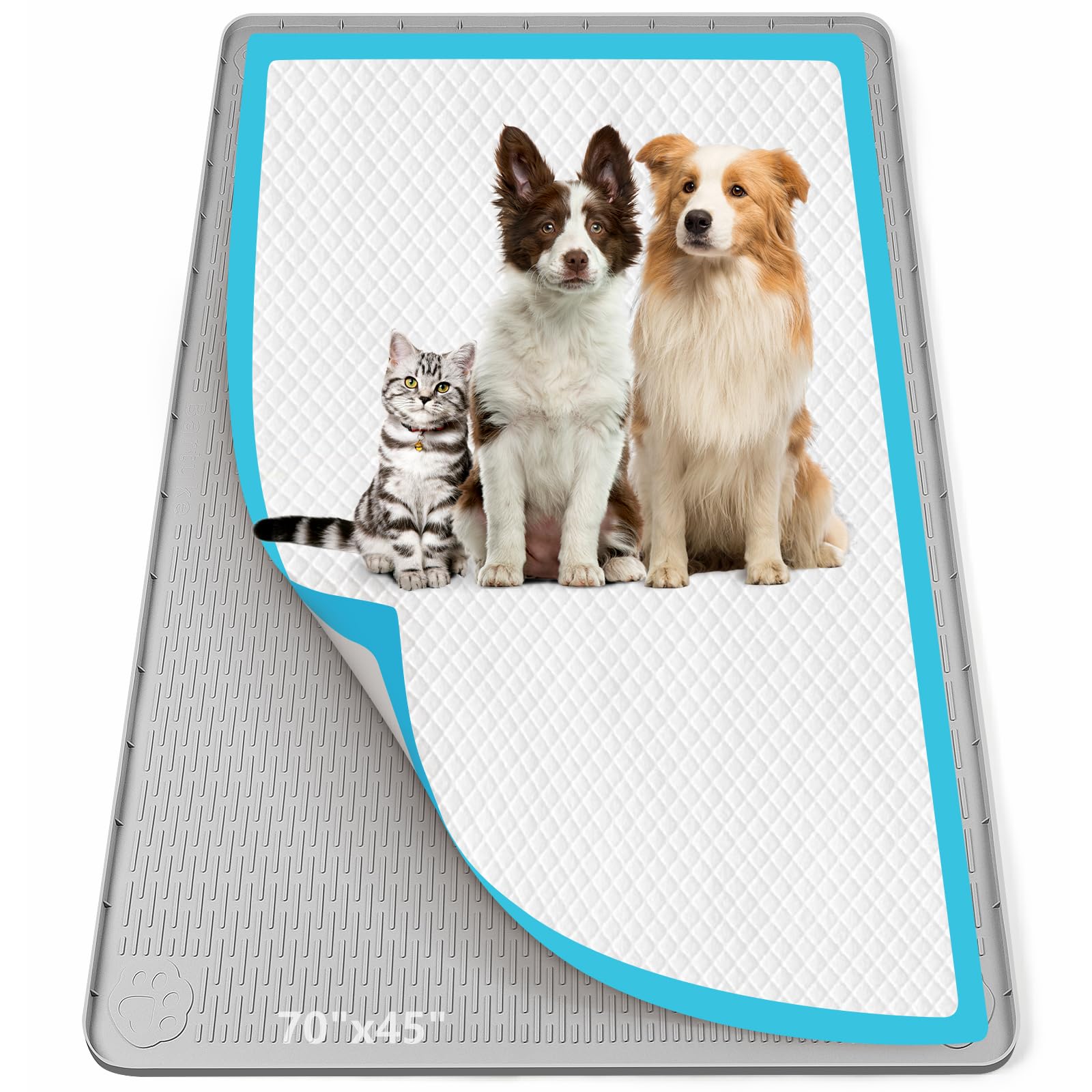 Bartuke Pee Pad Holder for Dogs, 70" x 45" Silicone Pee Tray Mat Leak-Proof, High Edge, No Spill Pet Pad Holder for Puppy, Cat, Rabbit, Training Pads for Floor Protection, No Pee Pads (Light Grey)