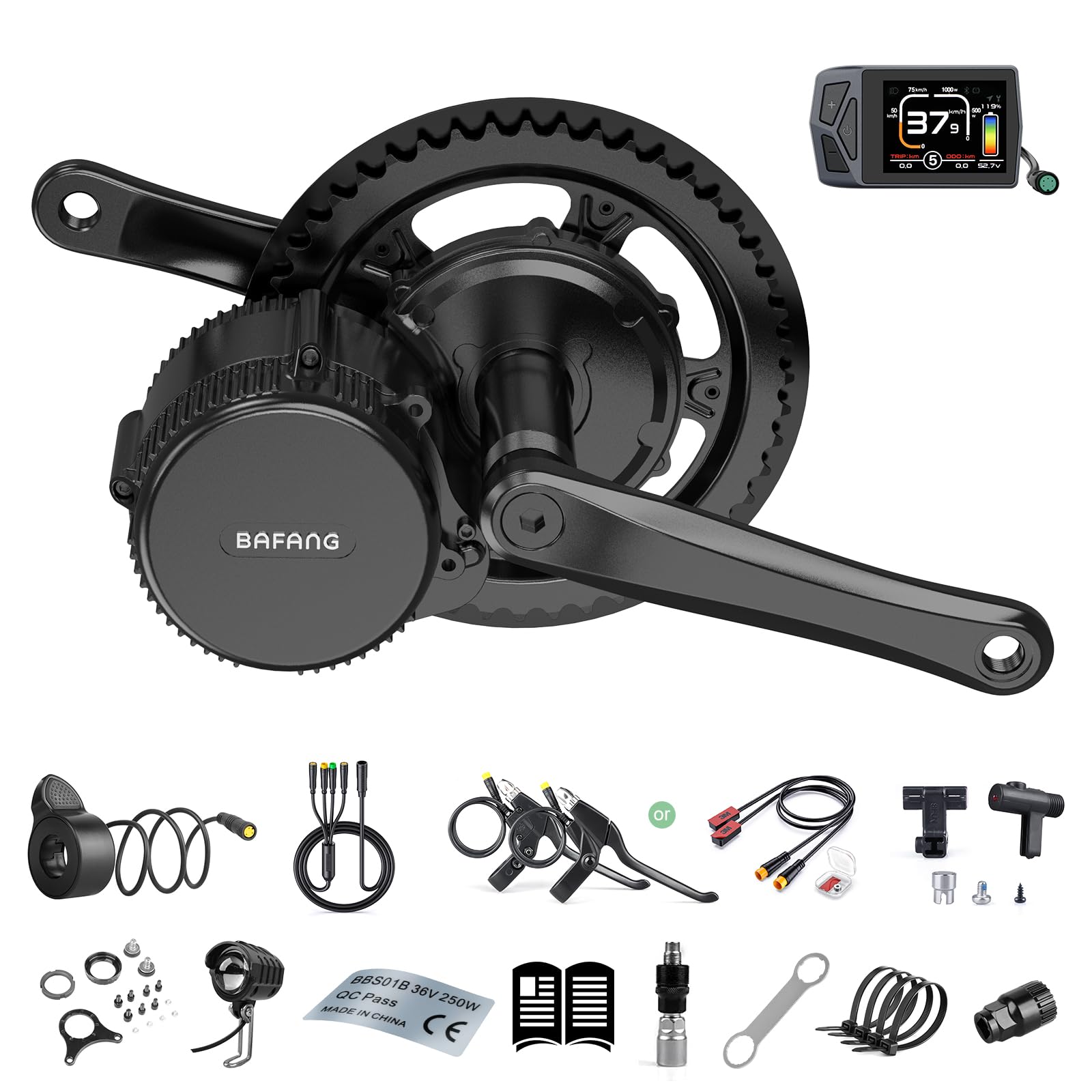 BAFANG250W Mid Drive Kit - Upgraded BBS01B 36V Electric Bike Conversion Kit with EKD01 Display & 44T Chainring, Brushless Geared 8Fun BBS01 Ebike Kit for 68mm Bottom Bracket, G340