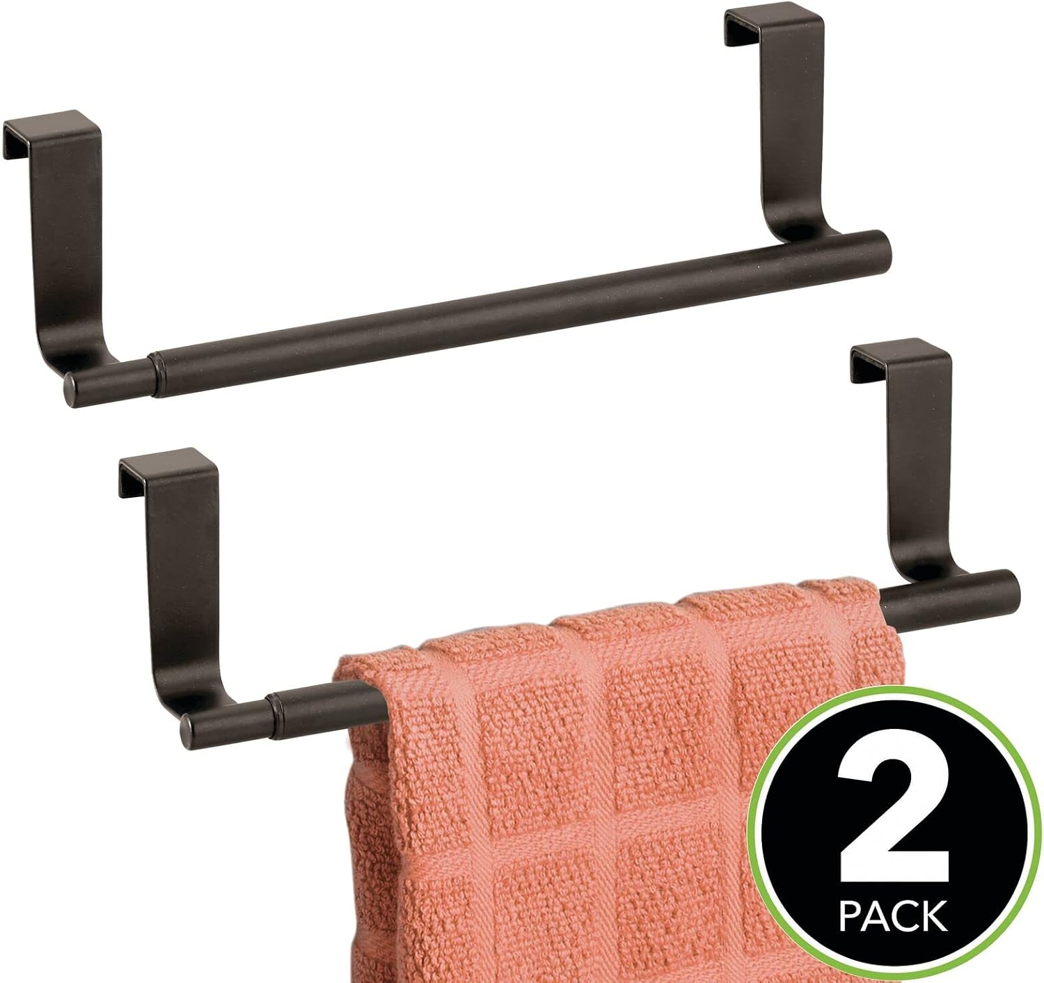 mDesign Adjustable, Expandable Over Kitchen Cabinet Towel Bar Rack - Hang on Inside or Outside of Doors, Hold Hand, Dish, Tea Towels - Customizable to 17" Wide, Omni Collection, 2 Pack - Bronze