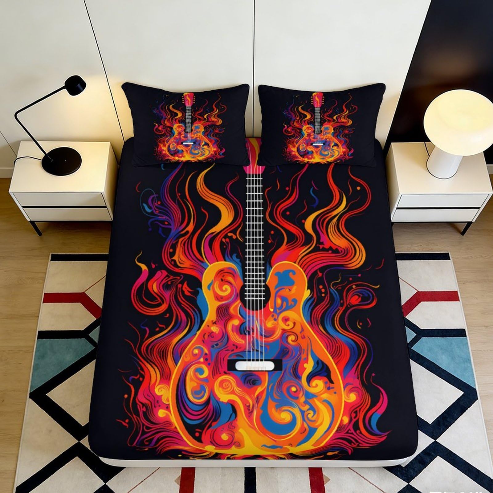 3D Printed Flaming Guitar Fitted Sheet Microfiber Bedding with Vibrant Flames Design Music Theme Mattress Cover for Bedroom Dormitory Guest Room 120x200x25cm