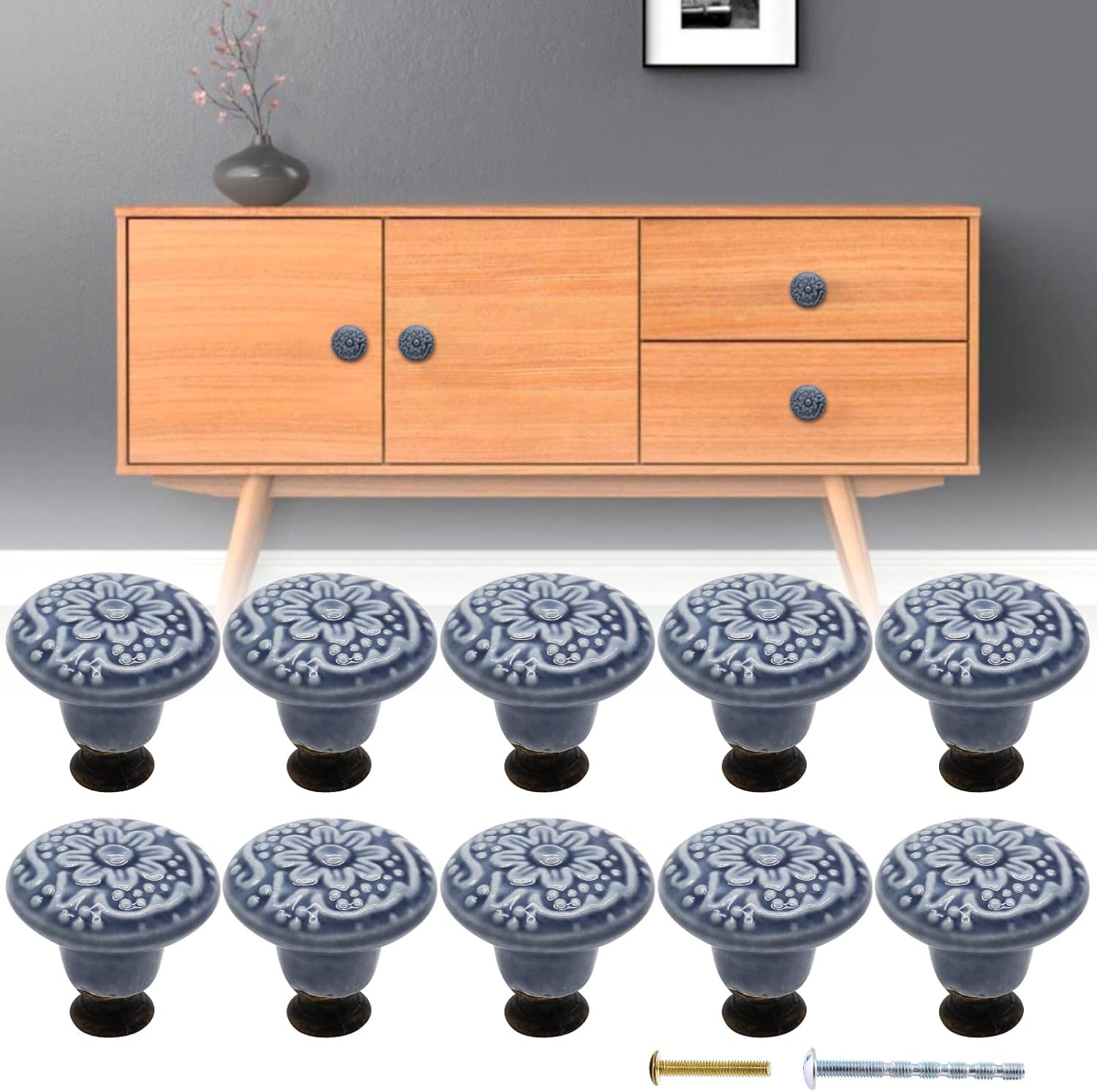 Bivethoi 10PCS Blue Cabinet Knobs - 1.3 Inch / 34mm Ceramic Decorative Drawer Pulls, Retro Vintage Cupboard Wardrobe Door Knobs
