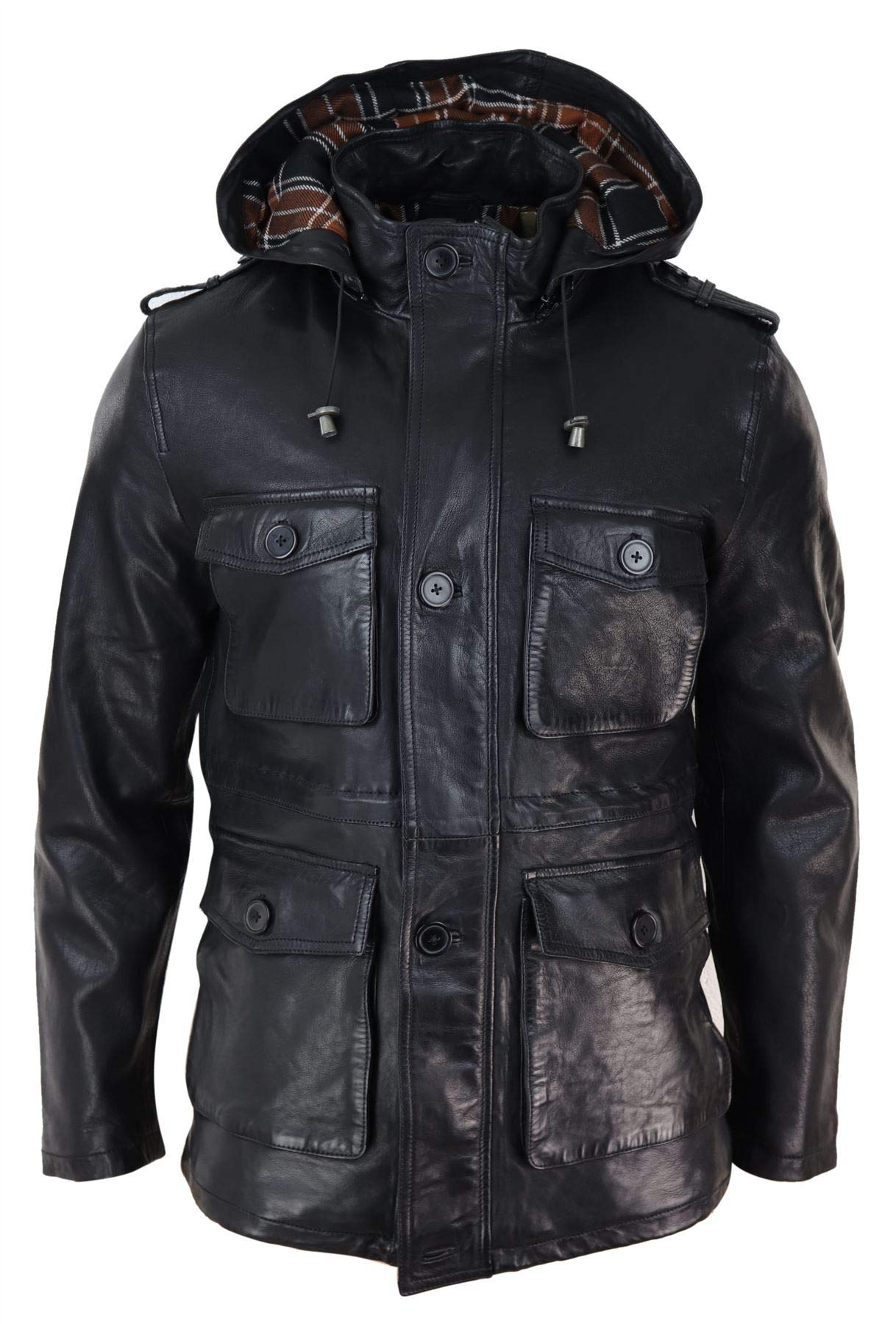 Infinity Leather Men's Black 3/4 Long Real Leather Duffle Jacket Coat Safari Detachable Hood Military - 5XL