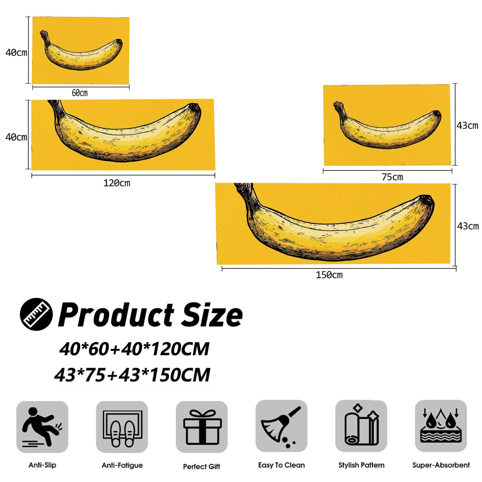 Set di 2 Tappetini da Cucina Antiscivolo Banana Gialla, Set di Tappetini da Cucina Lavabili per Ufficio, Camera da Letto, Corridoio, Sala da Pranzo Giallo 43x75cm+43x150cm
