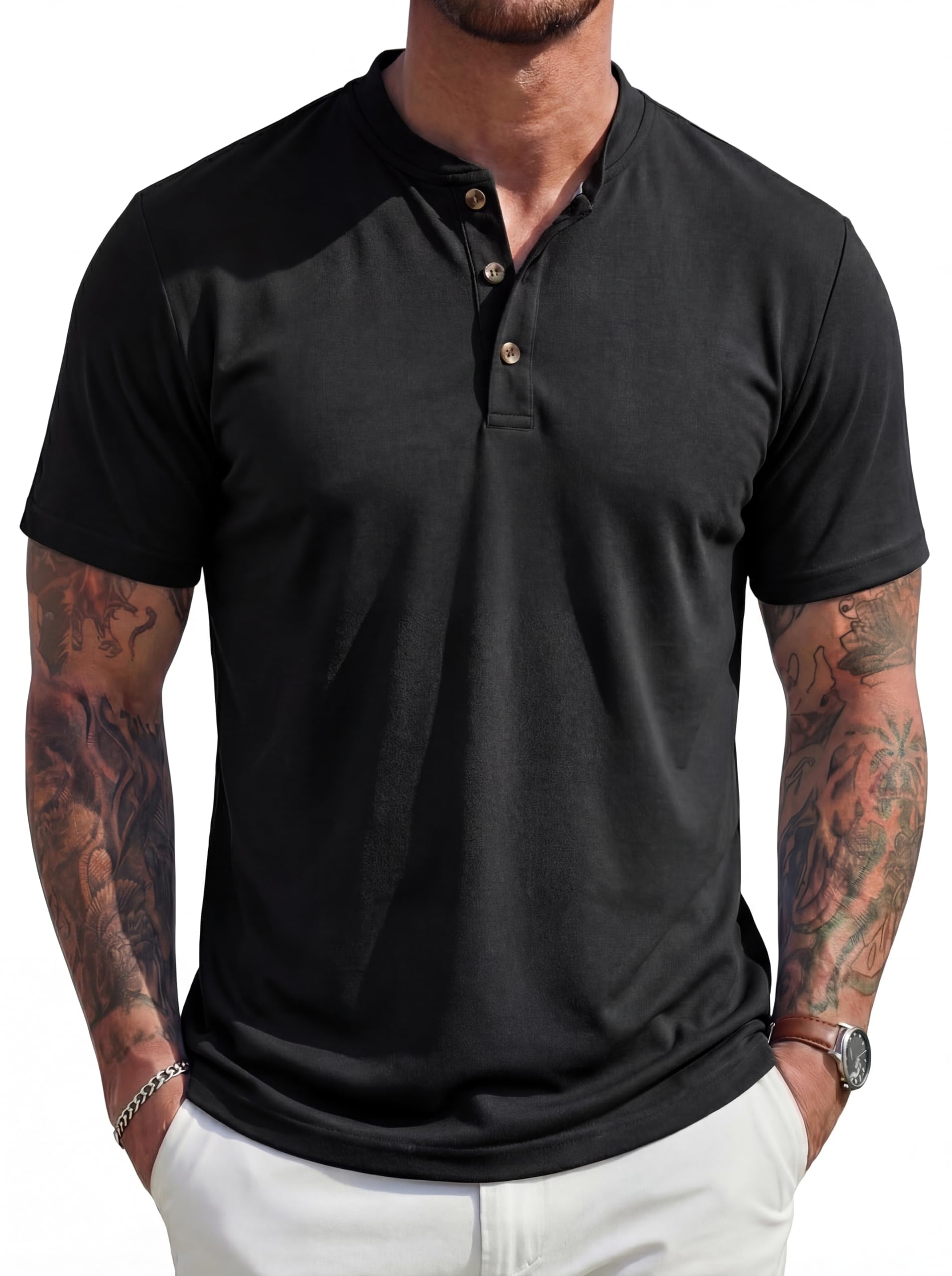 MAGCOMSEN Mens Henley Short Sleeve Shirt UPF 80 Lightweight T-Shirts Moisture Wicking Tee Casual Summer Basic Solid Shirt