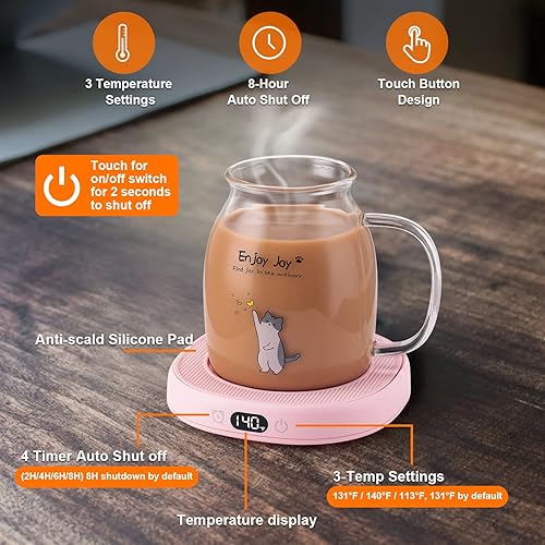 Miniatura 2 de Bsigo Calentador inteligente de tazas de café y lindo juego de tazas de cristal para gato, calentador de bebidas para escritorio y oficina, plato