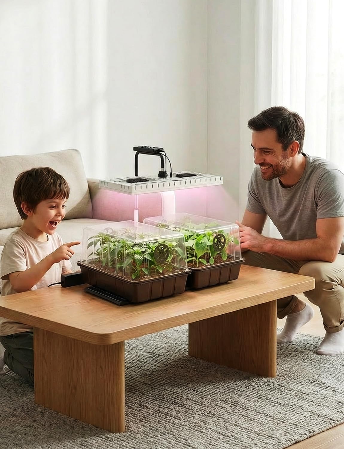 MetryGrow Bandeja de inicio de semillas de 80 celdas con luz de crecimiento de espectro completo de 48 W y alfombrilla de calefacción de 30 W, cúpula ajustable y soporte de luz, base impermeable, kit