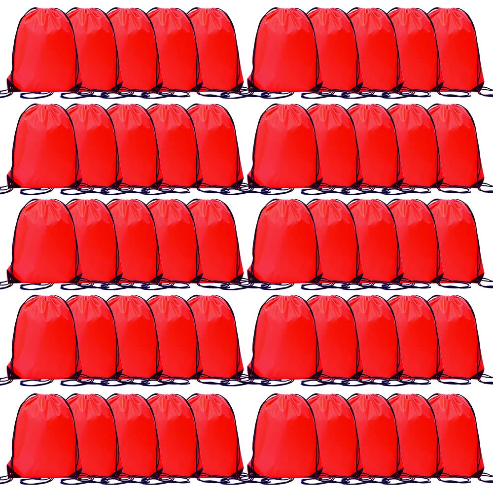 CODOBON 50 Pcs Drawstring Bags, Bulk Draw String Backpack, Cinch Polyester Bag for Gym Sport, Red