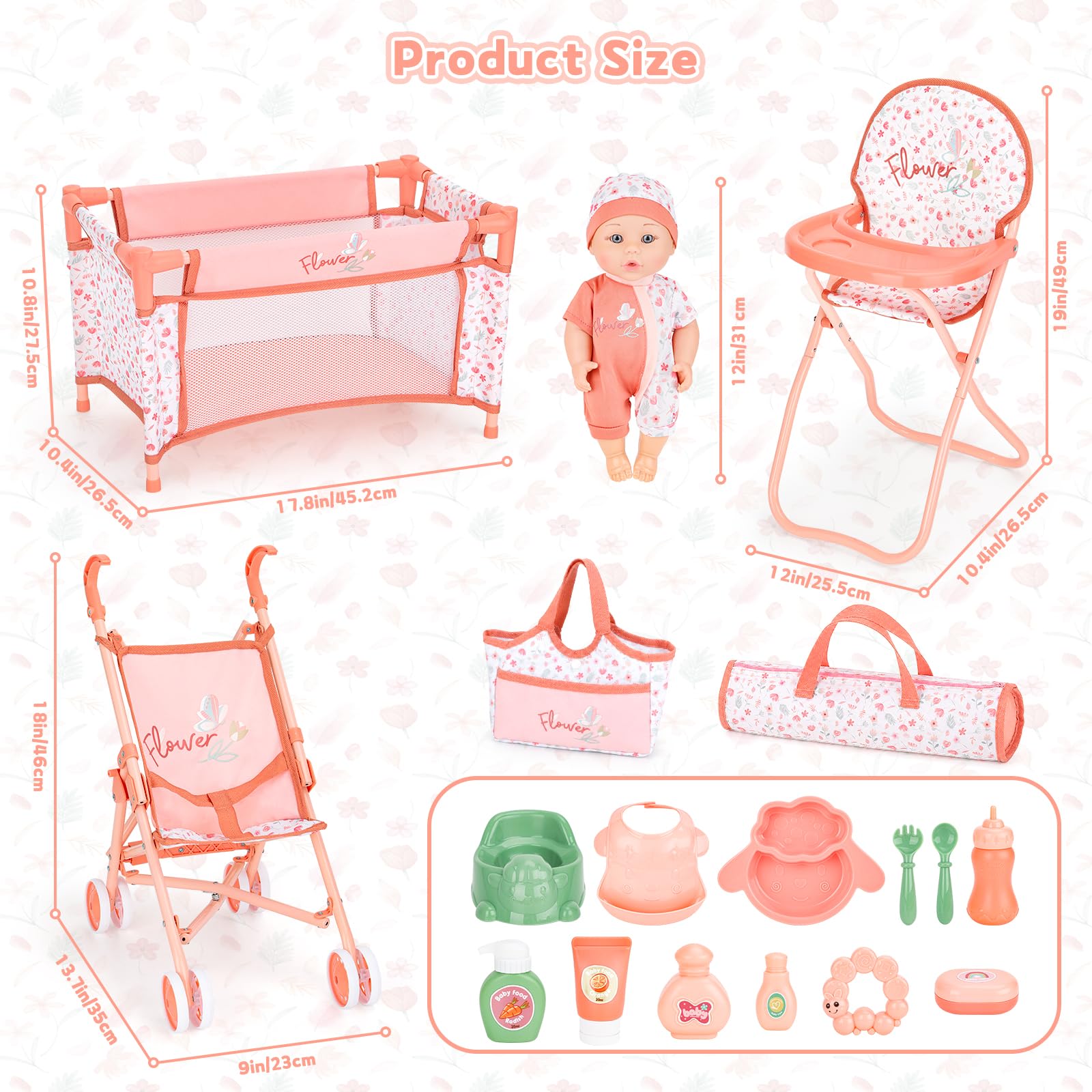 deAO Set Passeggino e Accessori per Bambole, Giochi di Ruolo Giocattoli | Bambole 30cm, Lettino, Seggiolone, Sacco Trasporto, Pieghevole, Montaggio Senza Attrezzi, Regali per Ragazze di 3 Anni+