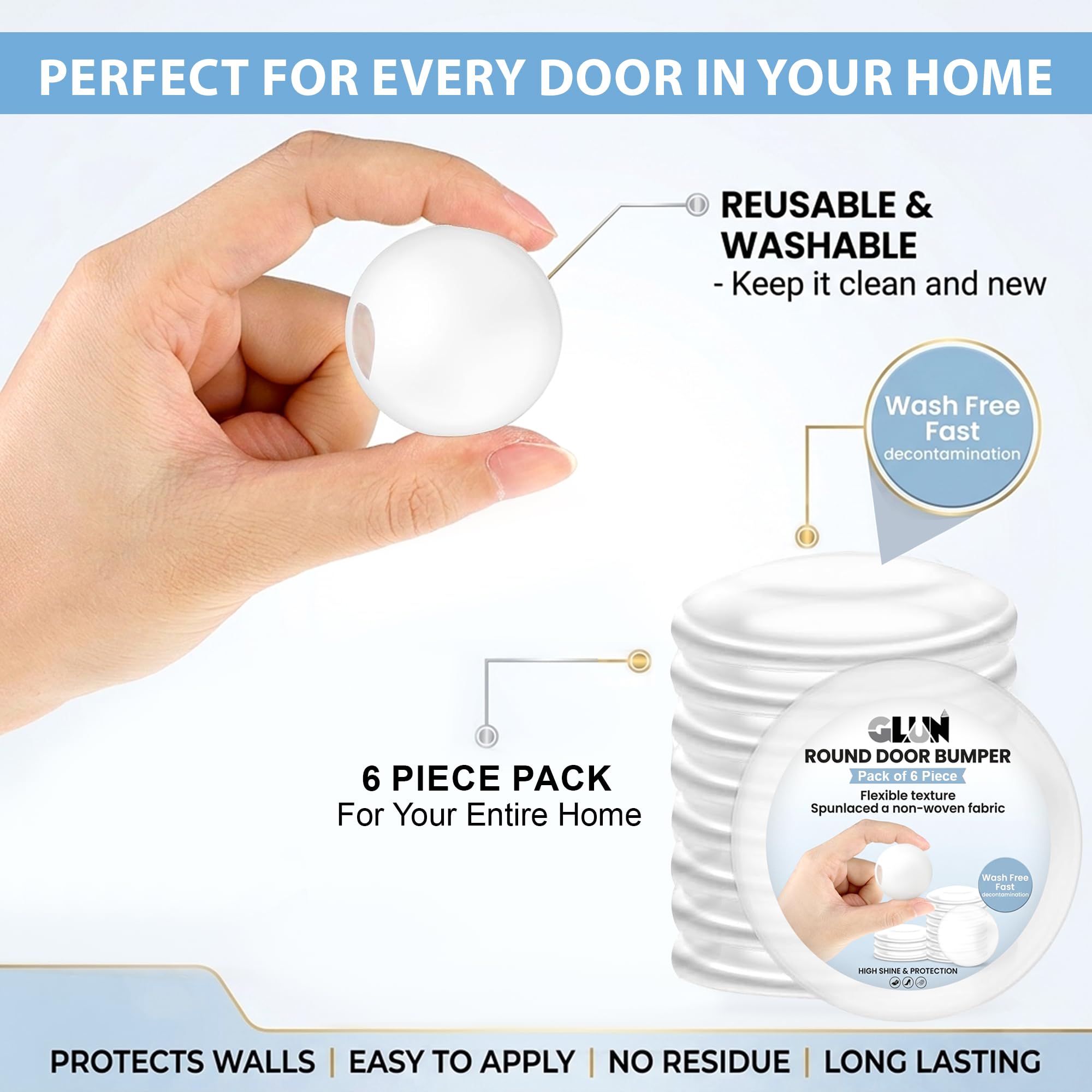 GLUN® Clear Rubber Self Adhesive Door Bumper Stopers Wall Protector, Handle Knob, Shield Bumper Guard for Wall, 6 Piece Pack — Amazon image 2