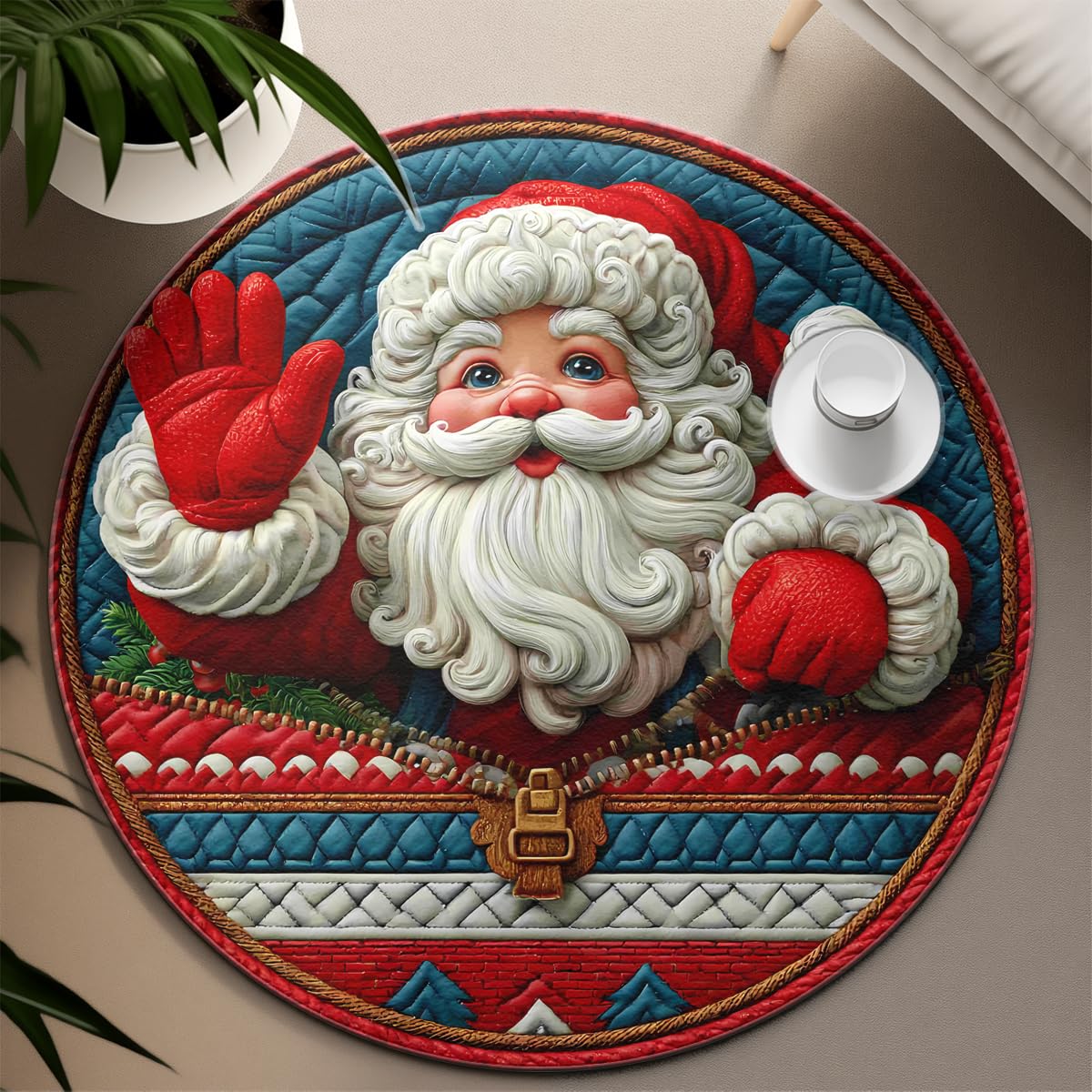 Okrągły dywan bożonarodzeniowy, 200 cm, miękki, nadaje się do prania, Jolly Santa Claus, do sypialni, kolorowy, festiwalowy, do jadalni, na Boże Narodzenie, do salonu, biura, pokoju dziecięcego