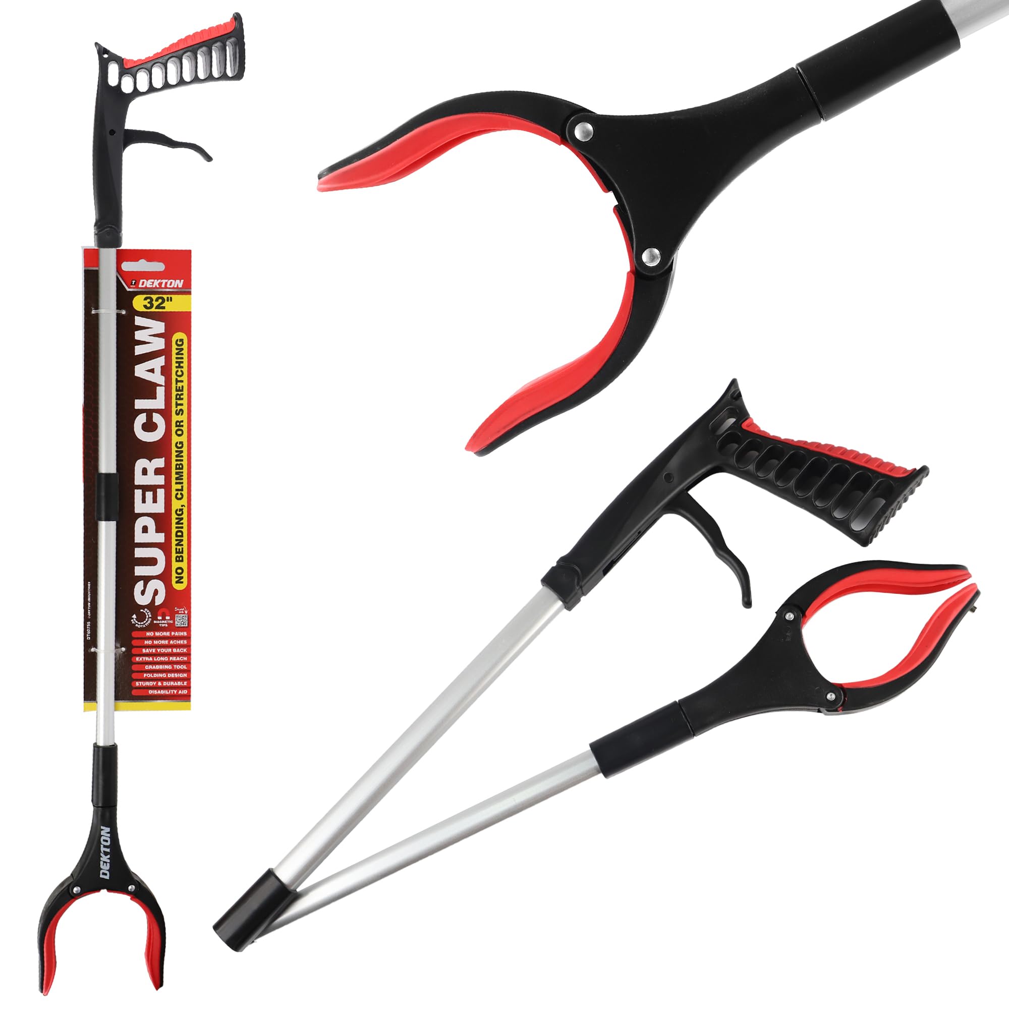 DEKTON Super Claw Folding Reach Grabber Tool with 10 cm Wide Jaw, 90° Rotating Head & Magnetic Tips - Extra Long Reach Pickup Tool, 39 cm Foldable Design