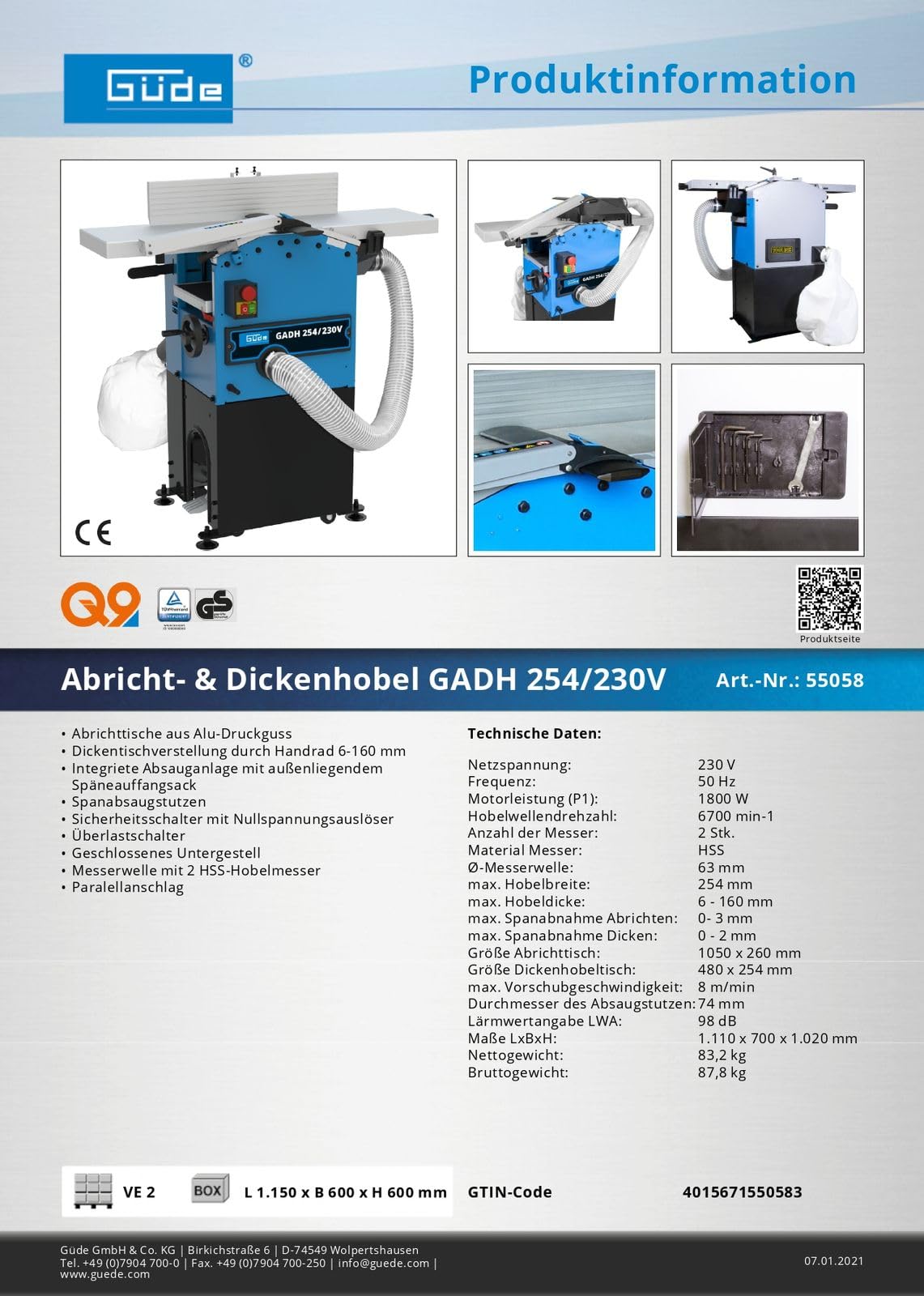 Güde Gadh 254/230V Schleifmaschine, 81000 g, Schwarz, Blau, Edelstahl