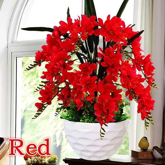 YUANXIN Elegant Artificial Flower Butterfly Orchid Potted Plant Decoration Home Decor Phalaenopsis Fake Flower Pot Living Room Indoor Plastic Flower (red)