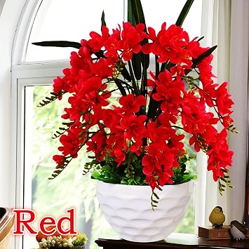 YUANXIN Elegant Artificial Flower Butterfly Orchid Potted Plant Decoration Home Decor Phalaenopsis Fake Flower Pot Living Room Indoor Plastic Flower (red)